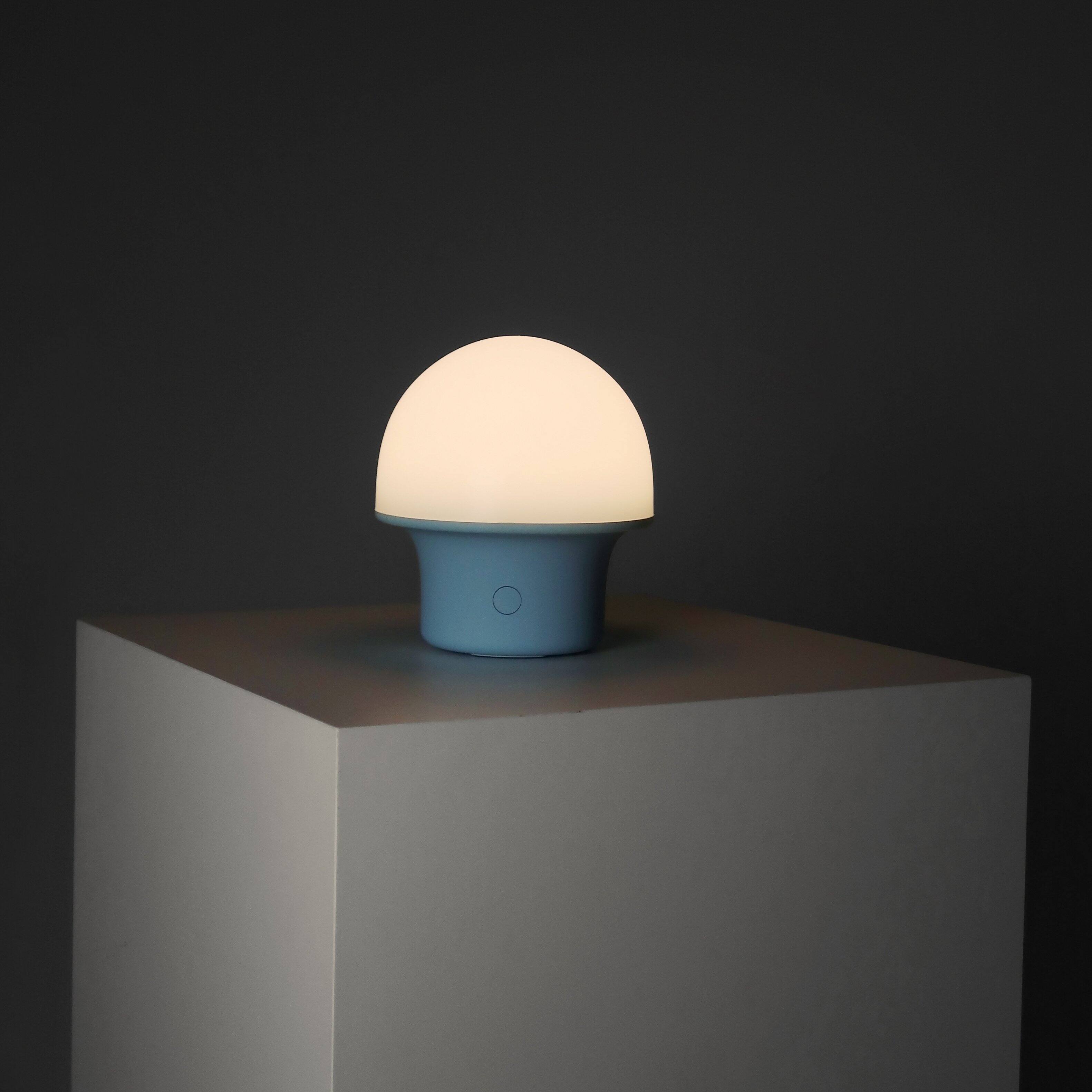 Angle. Brightech - Portobello LED Modern Industrial Round Dome Dimmable Cordless Portable Indoor Outdoor Rechargeable Camping Desk Lamp - Matte Blue.