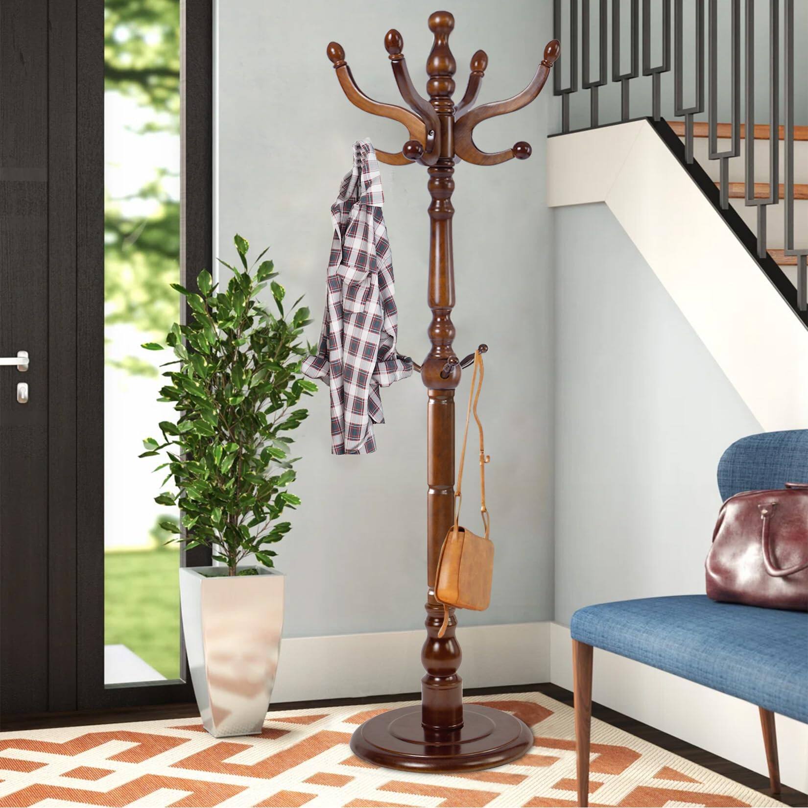 Angle. HM 1810 - Wood Coat Rack Heavy Duty Freestanding With 11 Smooth Hooks Vintage Tree Clothes Hanger Stand Stable Disc... - Light Brown.