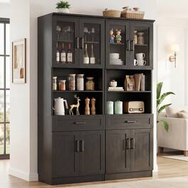Aheaplus - 79.7" Tall Pantry Cabinet Set of 2, Kitchen Hutch Cabinet with Adjustable Shelves and Drawers - Black