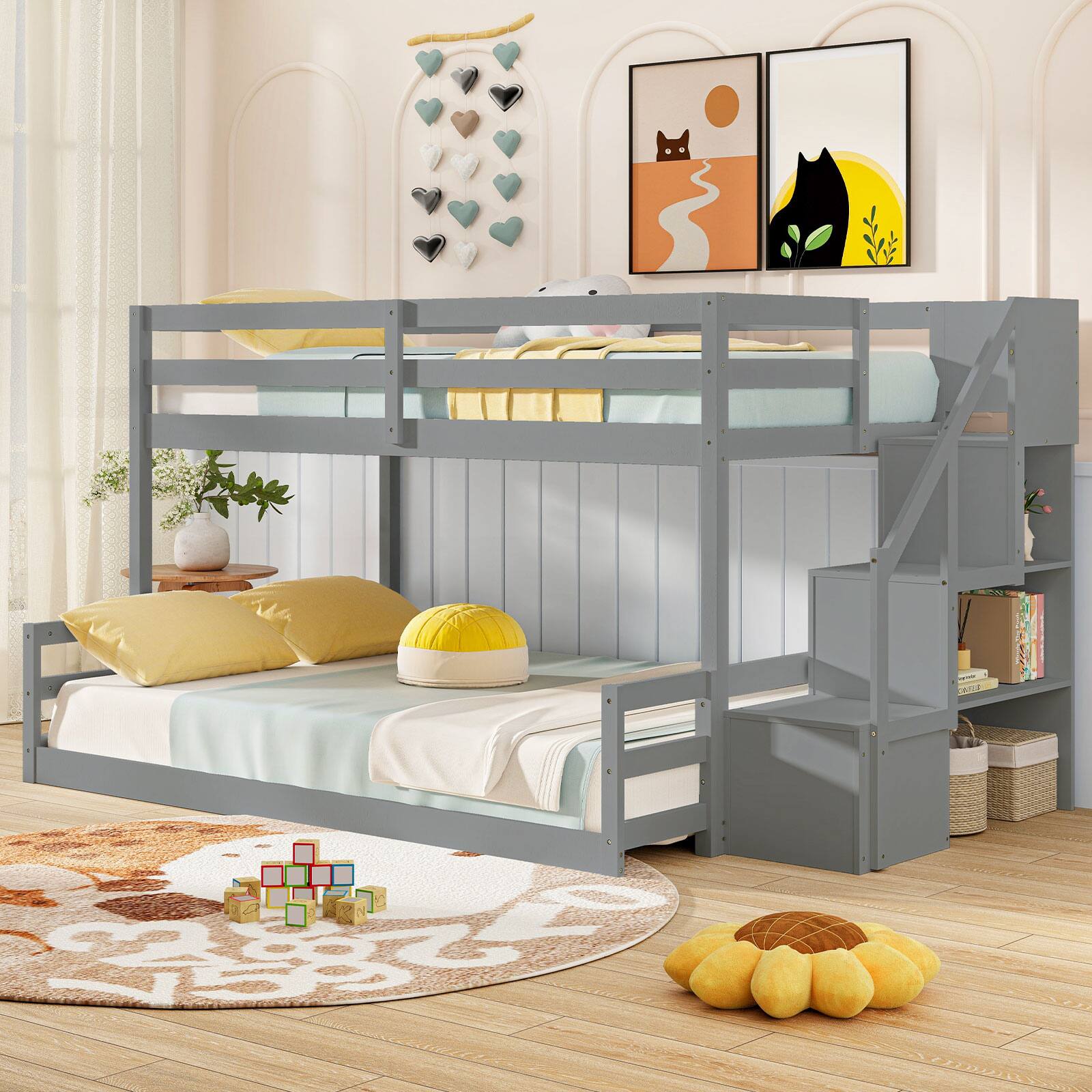 Alt View 3. Gymax - Gymax Twin Over Full Low Bunk Bed w/ Storage Stairs Full-length Guardrails - Gray.
