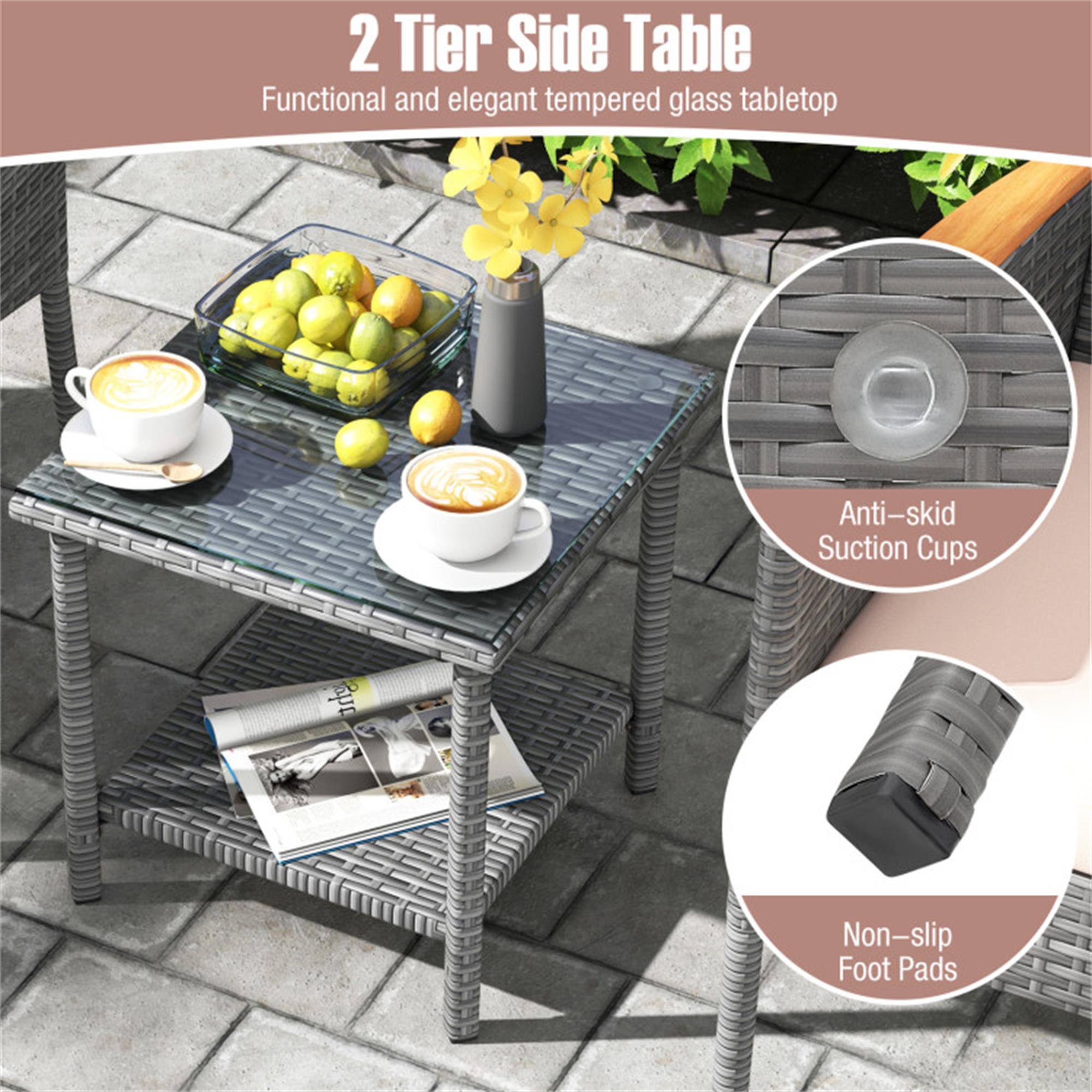 2 Tier Side Table  
Functional and elegant tempered glass tabletop  
Anti-skid Suction Cups  
Non-slip Foot Pads