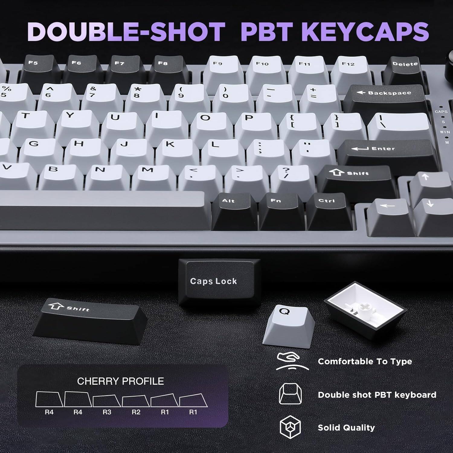 The text on the image can be grouped and corrected as follows:

**Keycaps:**
- F5, F6, F7, F8, F9, F10, F11, F12, Delete, %, 5, 6, 7, 8, 9, 0, -, Backspace, T, Y, U, I, O, P, {, }, |, A, G, H, J, K, L, :, Enter, M, N, B, V, ~, ?, Shift, Alt, Ctrl, Caps Lock

**Text on the image:**
- DOUBLE-SHOT PBT KEYCAPS
- CHERRY PROFILE: R4, R4, R3, R2, R1, R1
- Comfortable To Type
- Double shot PBT keyboard
- Solid Quality

**Additional Information:**
- The image shows a close-up of a keyboard with PBT keycaps.