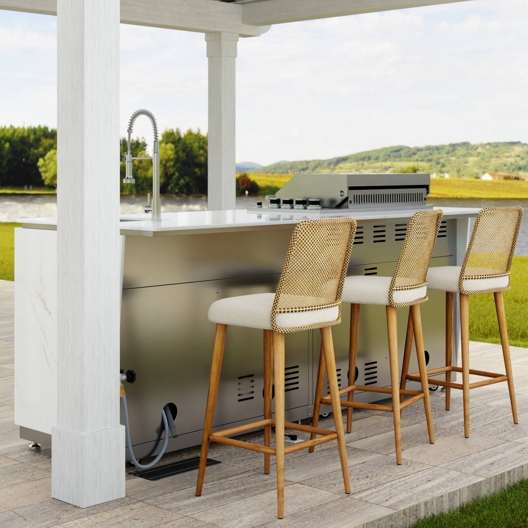 Back. Koolmore - 95 in. Outdoor Kitchen Island with 4-Burner NG and LP BBQ Grill, White Stone Counters and Sides and Stainless-Steel Sink - Stainless-Steel and White Stone.