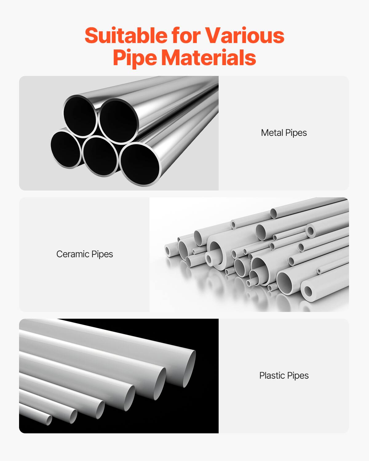 Suitable for Various Pipe Materials

- Metal Pipes
- Ceramic Pipes
- Plastic Pipes