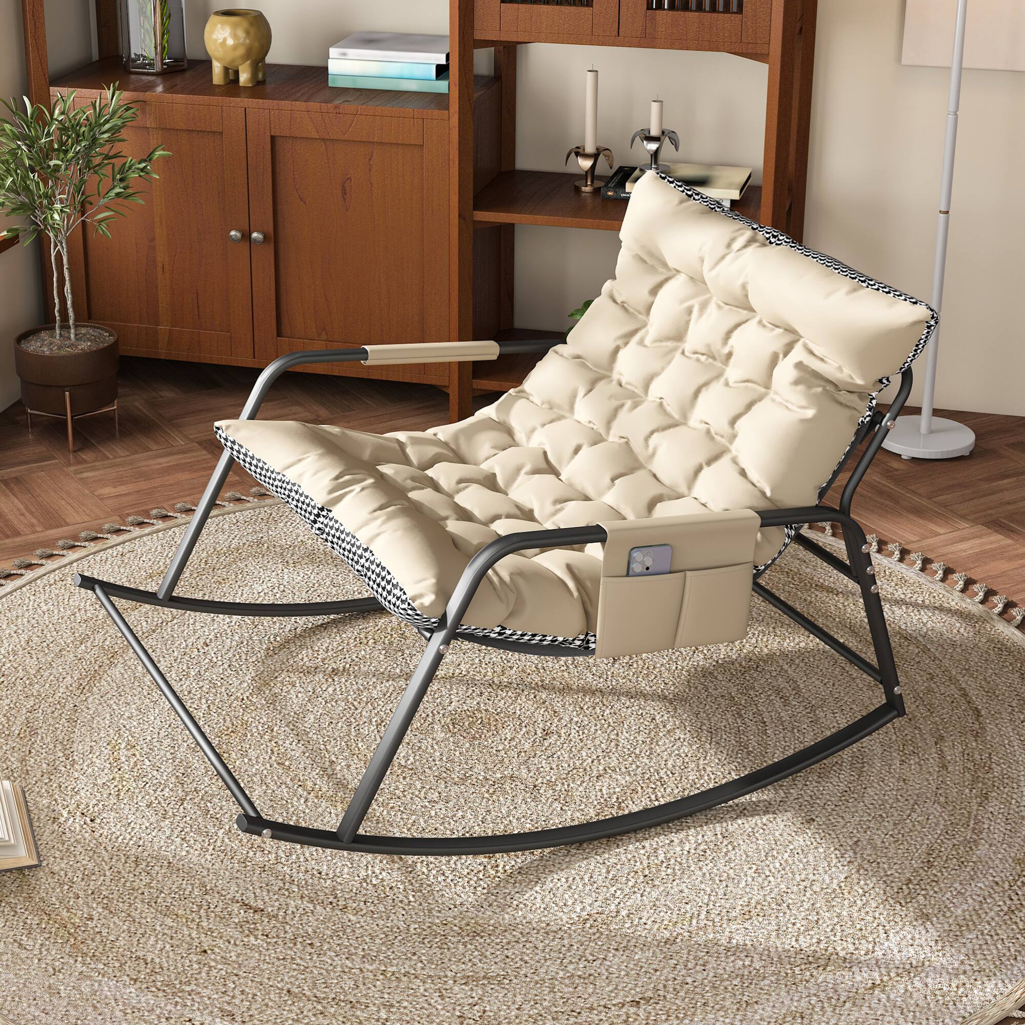 Angle. GOODSILO - Comfortable Rocking Lounge Chair with Storage and Ergonomic Design for Indoor and Outdoor Use - Off White.