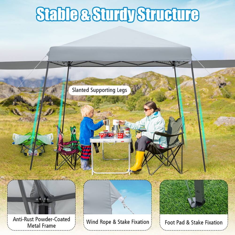 Stable & Sturdy Structure  
Slanted Supporting Legs  
Anti-Rust Powder-Coated Metal Frame  
Wind Rope & Stake Fixation  
Foot Pad & Stake Fixation