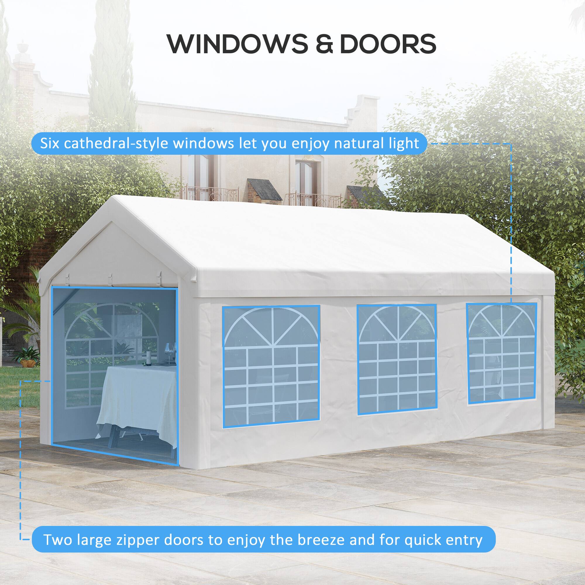 WINDOWS & DOORS

Six cathedral-style windows let you enjoy natural light

Two large zipper doors to enjoy the breeze and for quick entry