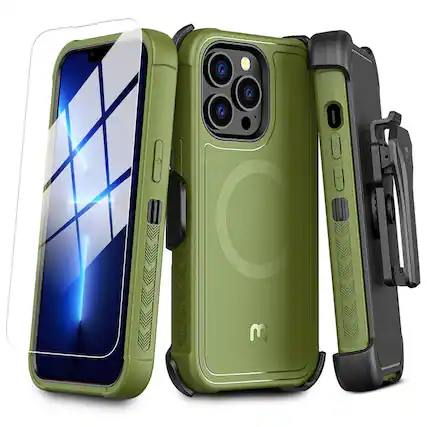 Front. Mybat Pro - MyBat Pro Maverick Series MagSafe Case with Holster and Tempered Glass for Apple iPhone 13 Pro Max (6.7) - Army Green - Army Green.