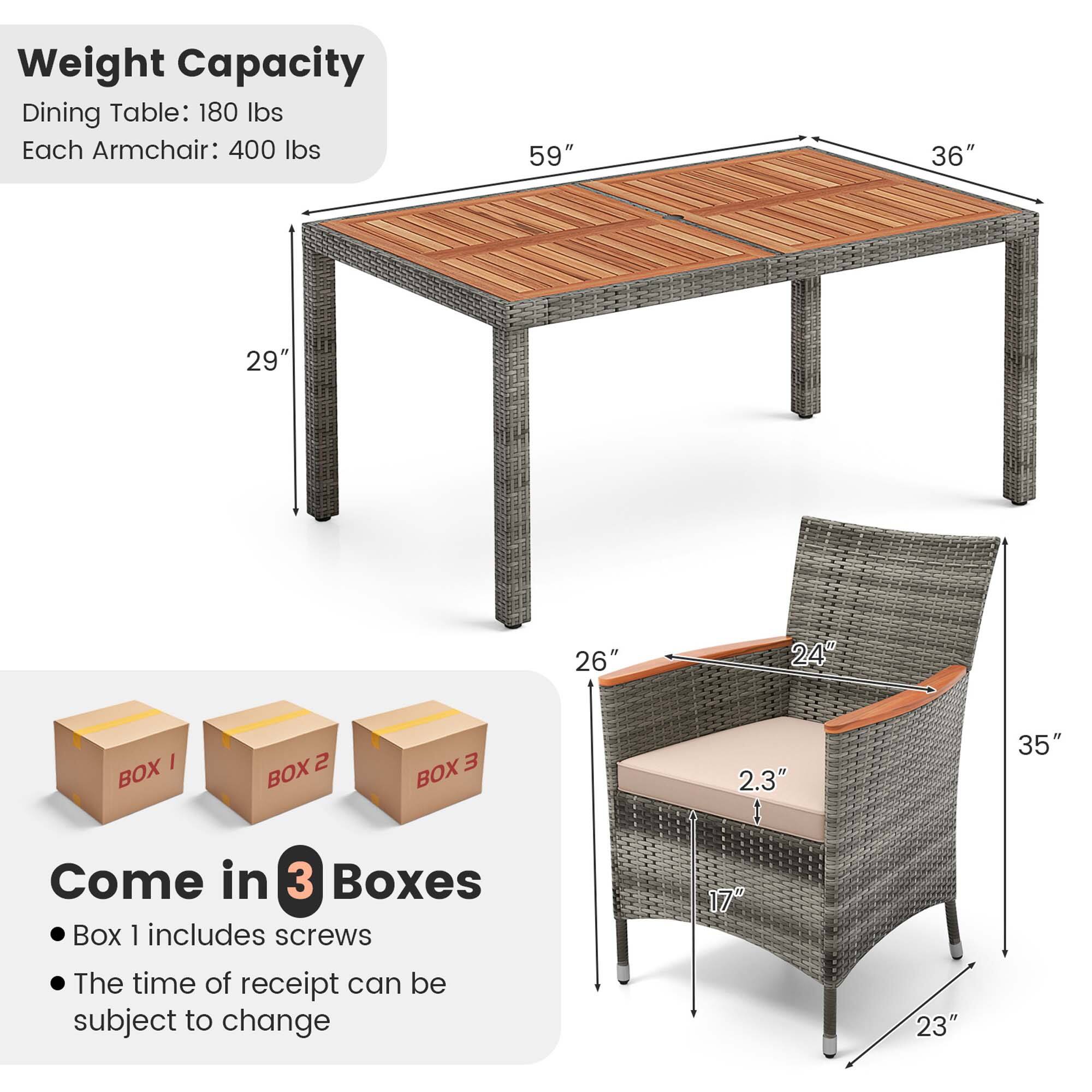 Weight Capacity
Dining Table: 180 lbs
Each Armchair: 400 lbs

59"
36"
29"
26"
24"

BOX 1
BOX 2
BOX 3

2.3"
35"

Come in 3 Boxes
Box 1 includes screws
The time of receipt can be subject to change

17"
23"
