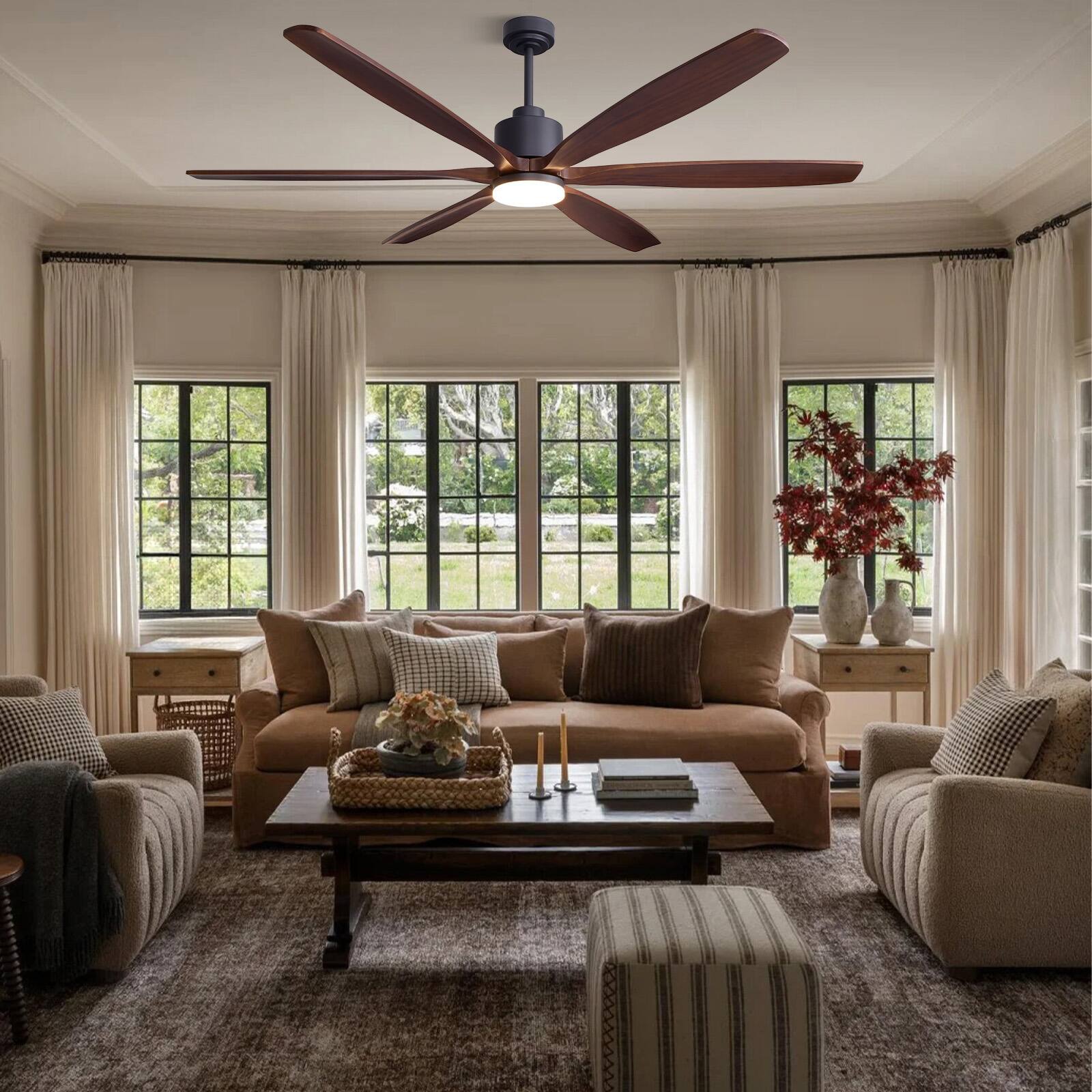 Angle. Siljoy - 72 inch Black and Walnut Modern Ceiling Fan Curved Solid Wood Blades LED Light Remote for Great Room Living Room Foyer - BROWN.