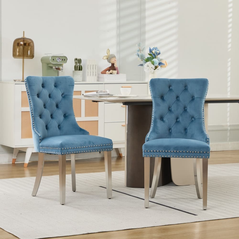 Loheer - Velvet Dining Chairs Tufted Upholstered Modern Seating with Chrome Legs Nailhead Trim Set of 2 - Light Blue price history on PriceWatchPro