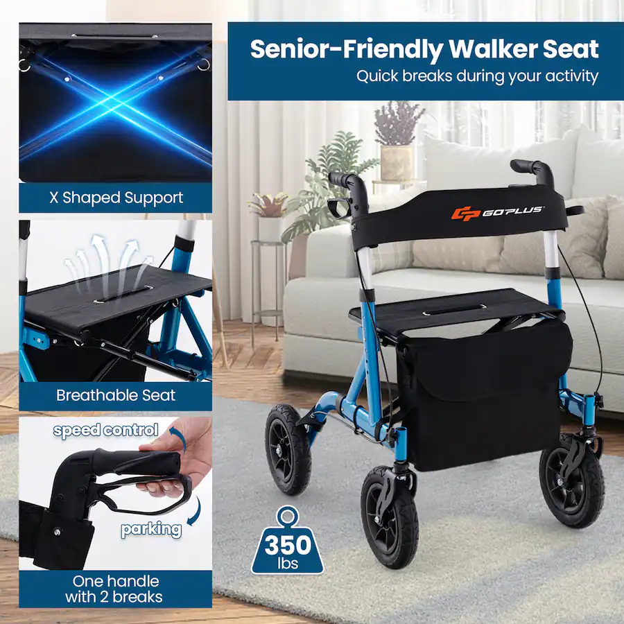 Quick Step Walker Costway Foldable Height Adjustable Rollator Walker with Seat, Storage ...