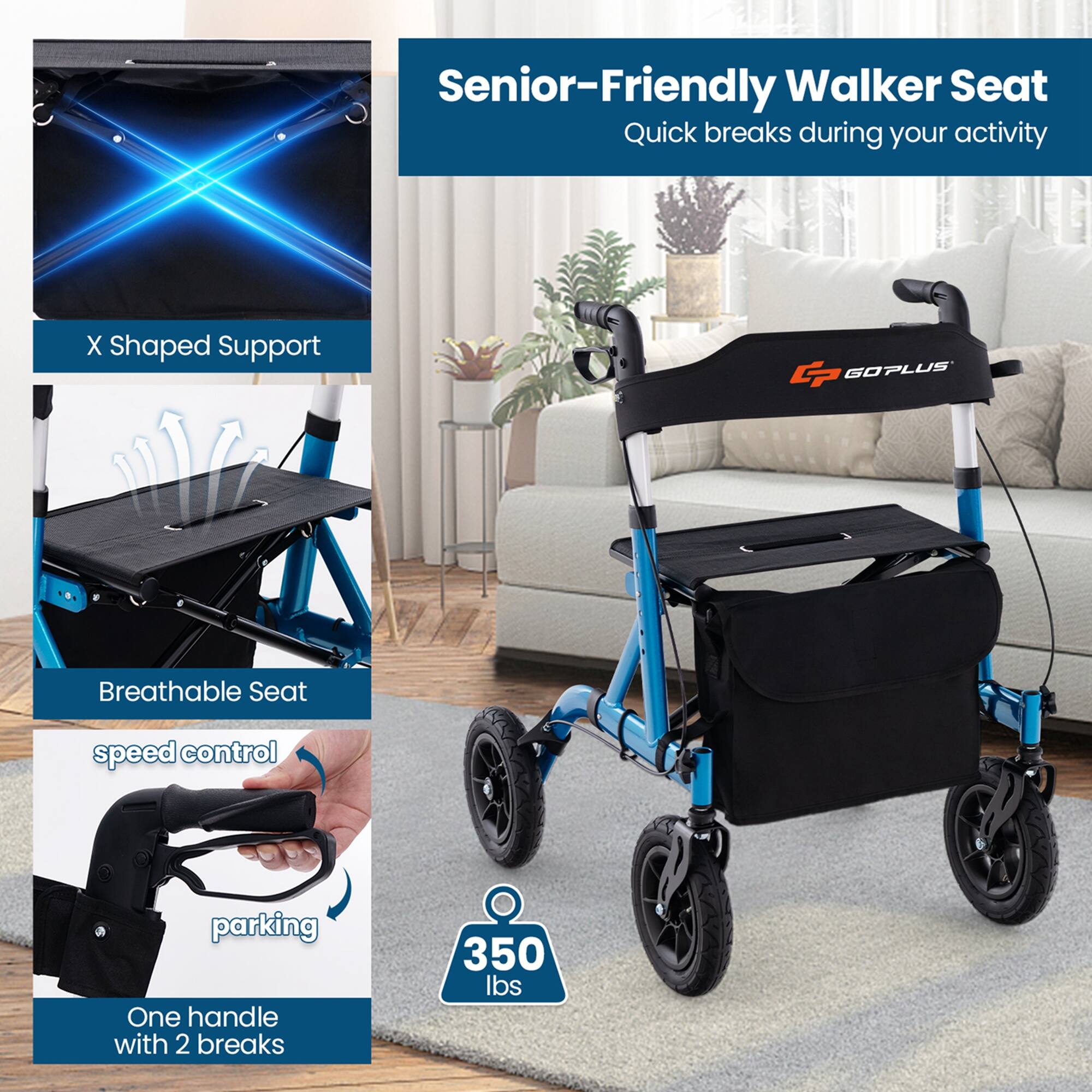 Senior-Friendly Walker Seat, Quick breaks during your activity, X Shaped Support, Breathable Seat, speed control, parking, One handle with 2 breaks, 350 lbs