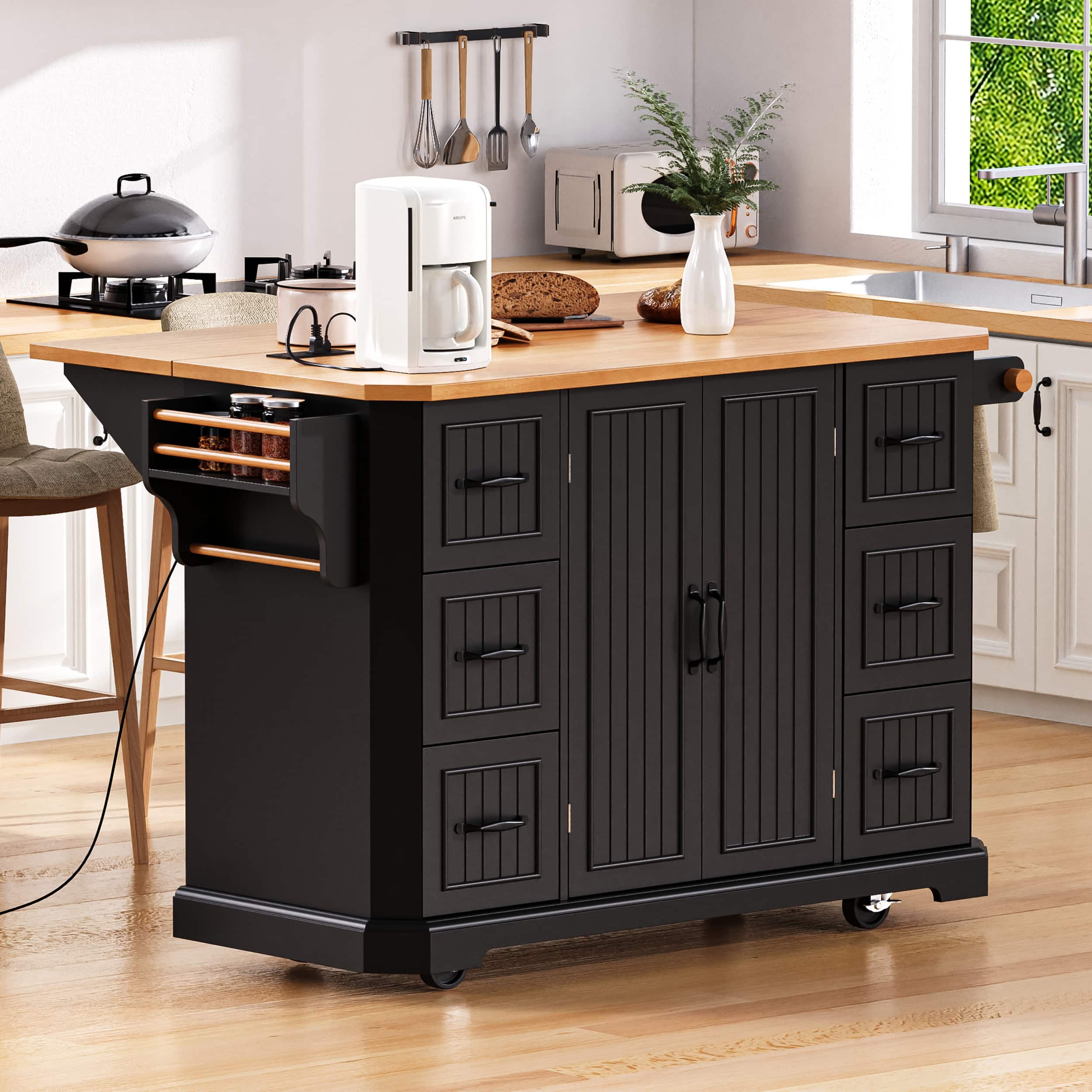 Front. Whisen - 56" Kitchen Island with Drop Leaf, Power Outlet, 6 Drawers & Storage Cabinets, Rubber Wood Veneer Cart - Black.