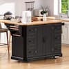 Front. Whisen - 56" Kitchen Island with Drop Leaf, Power Outlet, 6 Drawers & Storage Cabinets, Rubber Wood Veneer Cart - Black.