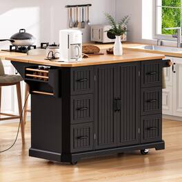 Whisen - 56" Kitchen Island with Drop Leaf, Power Outlet, 6 Drawers & Storage Cabinets, Rubber Wood Veneer Cart - Black