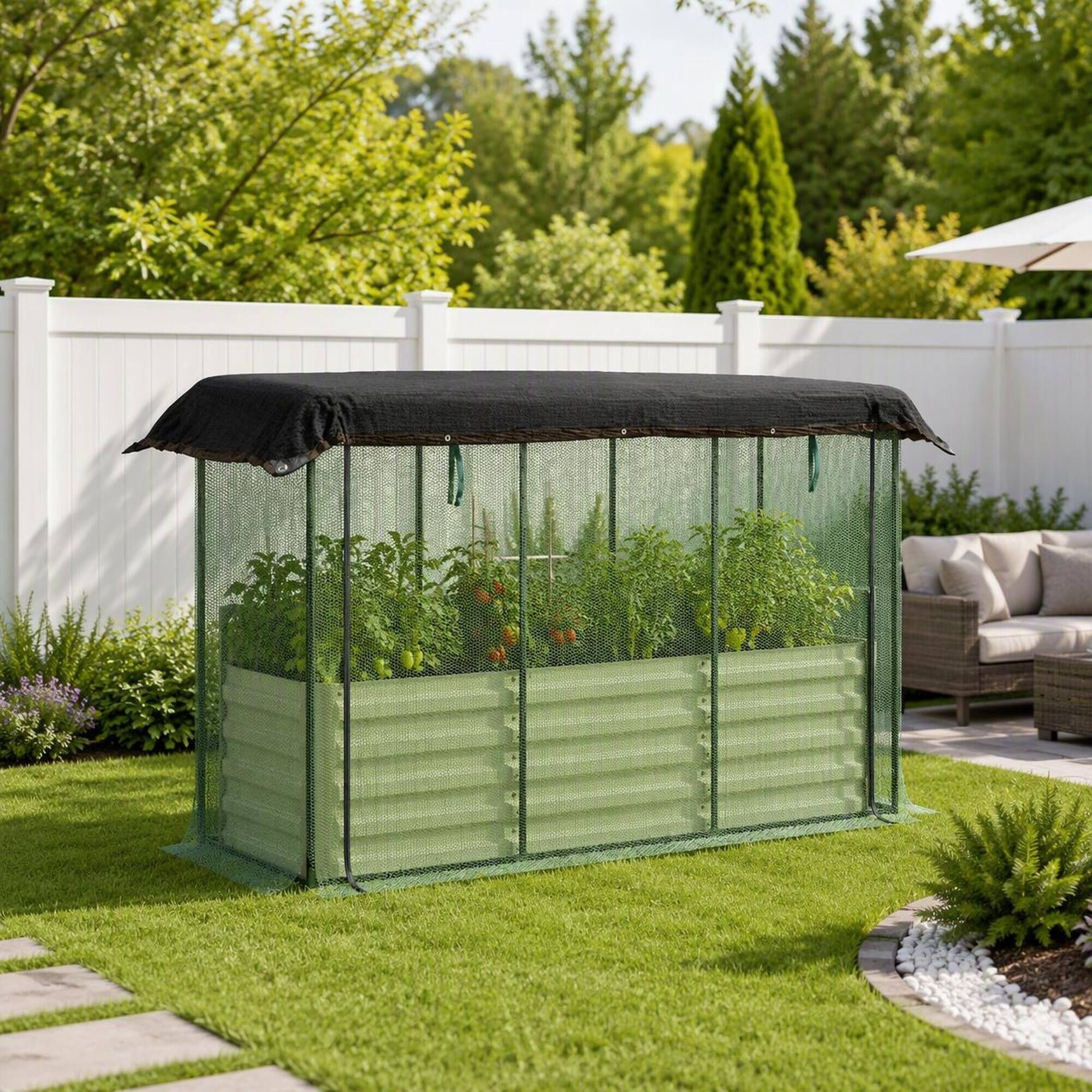 Back. RYHNUYNE - Raised Garden Bed with Crop Cage and Shade Cloth, Galvanized Steel Planter Box with Open Bottom for Vegetables - Beige.