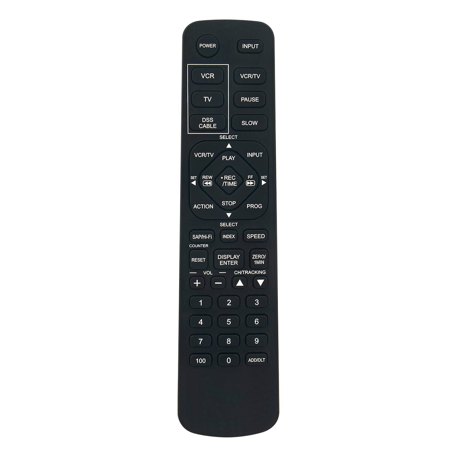 POWER  
INPUT  
VCR  
VCR/TV  
TV  
PAUSE  
DSS CABLE  
SLOW  
SELECT  
VCR/TV PLAY  
INPUT  
SET  
REW  
REC TIME  
FF  
SET  
STOP ACTION  
PROG  
SELECT  
SAP/HI-FI  
INDEX  
SPEED  
COUNTER  
RESET  
DISPLAY ENTER  
ZERO/ 1MN  
VOL - CH/TRACKING + -  
1  
2  
3  
4  
5  
6  
7  
8  
9  
100  
0  
ADD/DLT