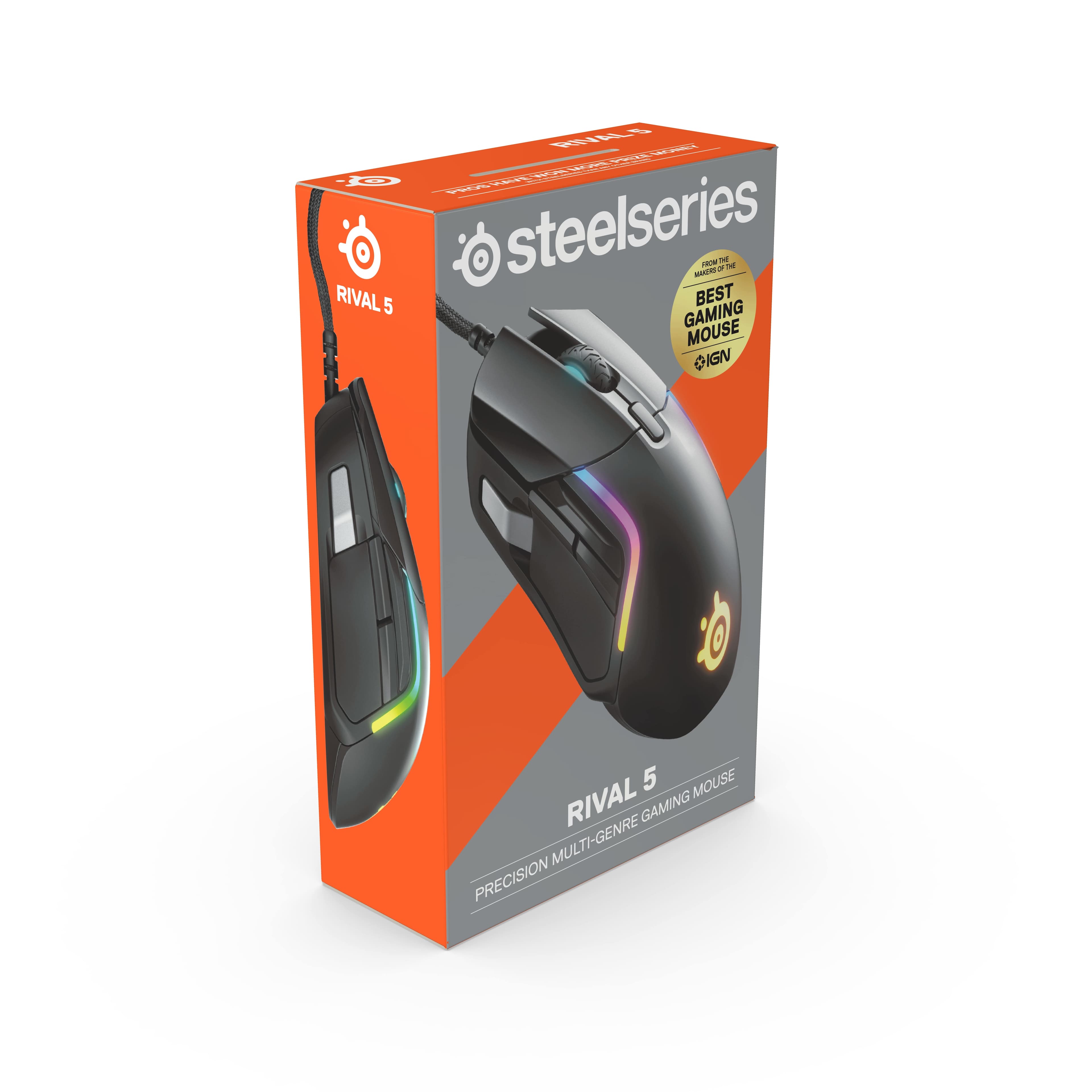 The text on the image reads: "Rival 5 Gaming Multi-Genre Precision Mouse by Steelseries - A -."