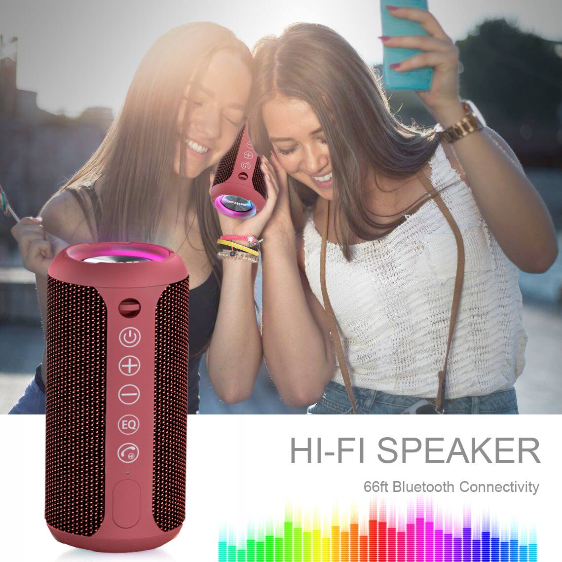 + D + - EQ HI-FI SPEAKER 66ft Bluetooth Connectivity