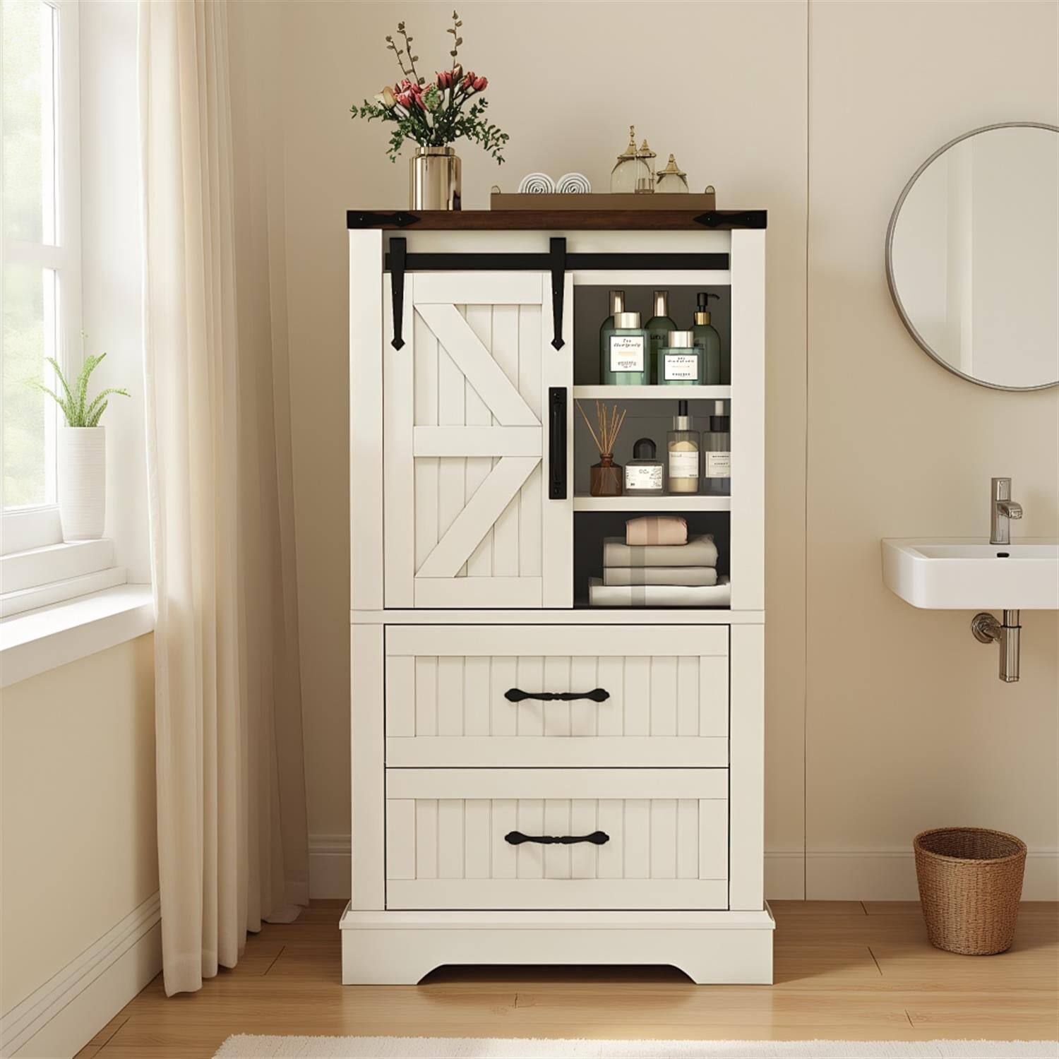Front. Pefilos - Farmhouse Bathroom Floor Cabinet, Freestanding Wooden Storage, Barn Door - White.
