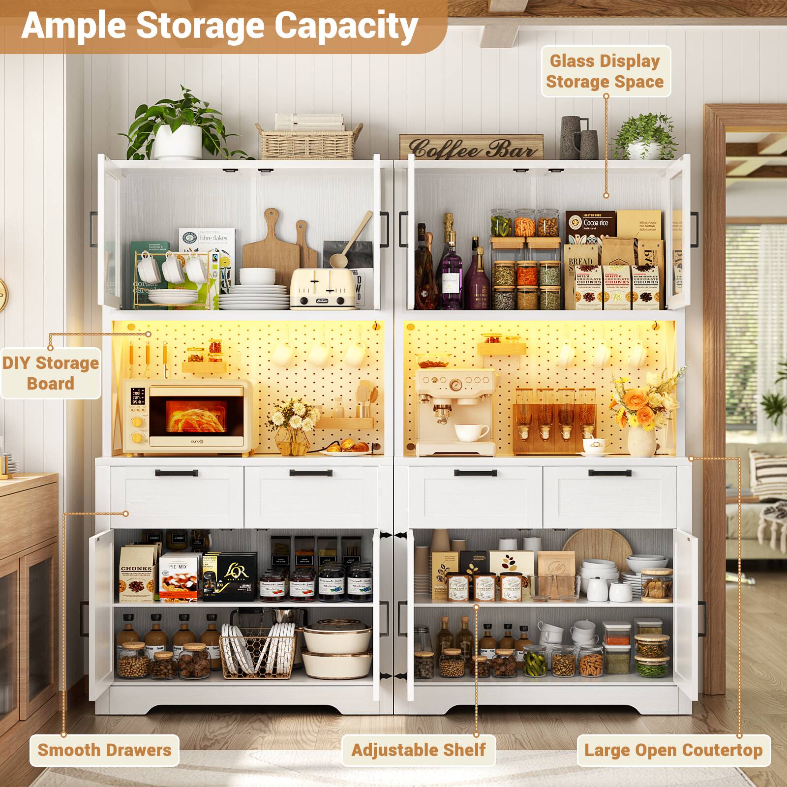 Ample Storage Capacity  
Glass Display Storage Space  
DIY Storage Board  
Smooth Drawers  
Adjustable Shelf  
Large Open Countertop
