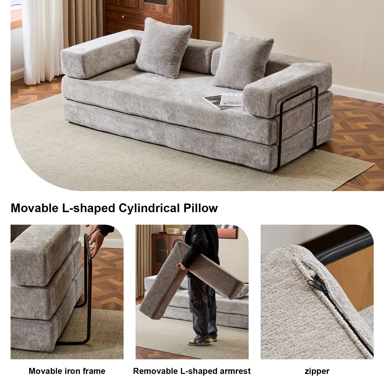 Movable L-shaped Cylindrical Pillow

- Movable iron frame
- Removable L-shaped armrest
- Zipper