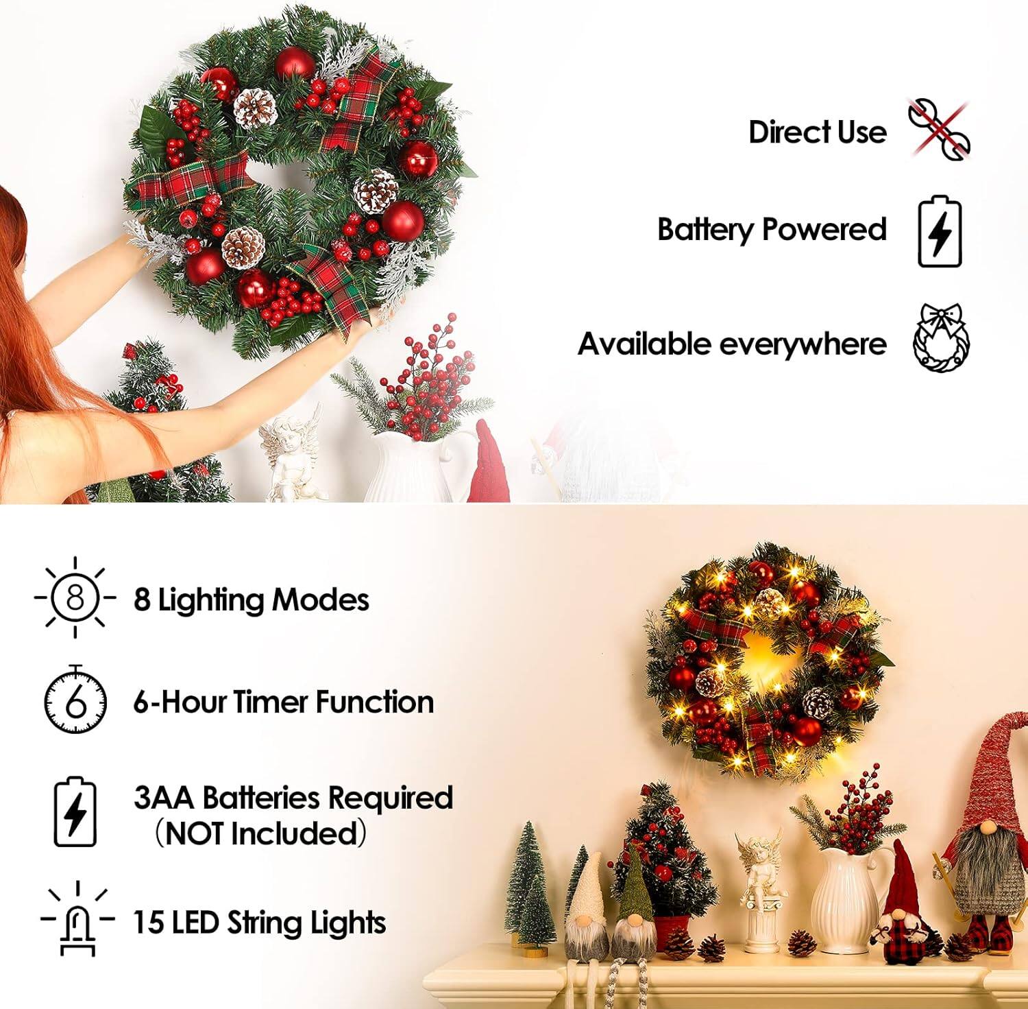 - Direct Use
- Battery Powered
- Available everywhere

- 8 Lighting Modes
- 6-Hour Timer Function
- 3AA Batteries Required (NOT Included)
- 15 LED String Lights