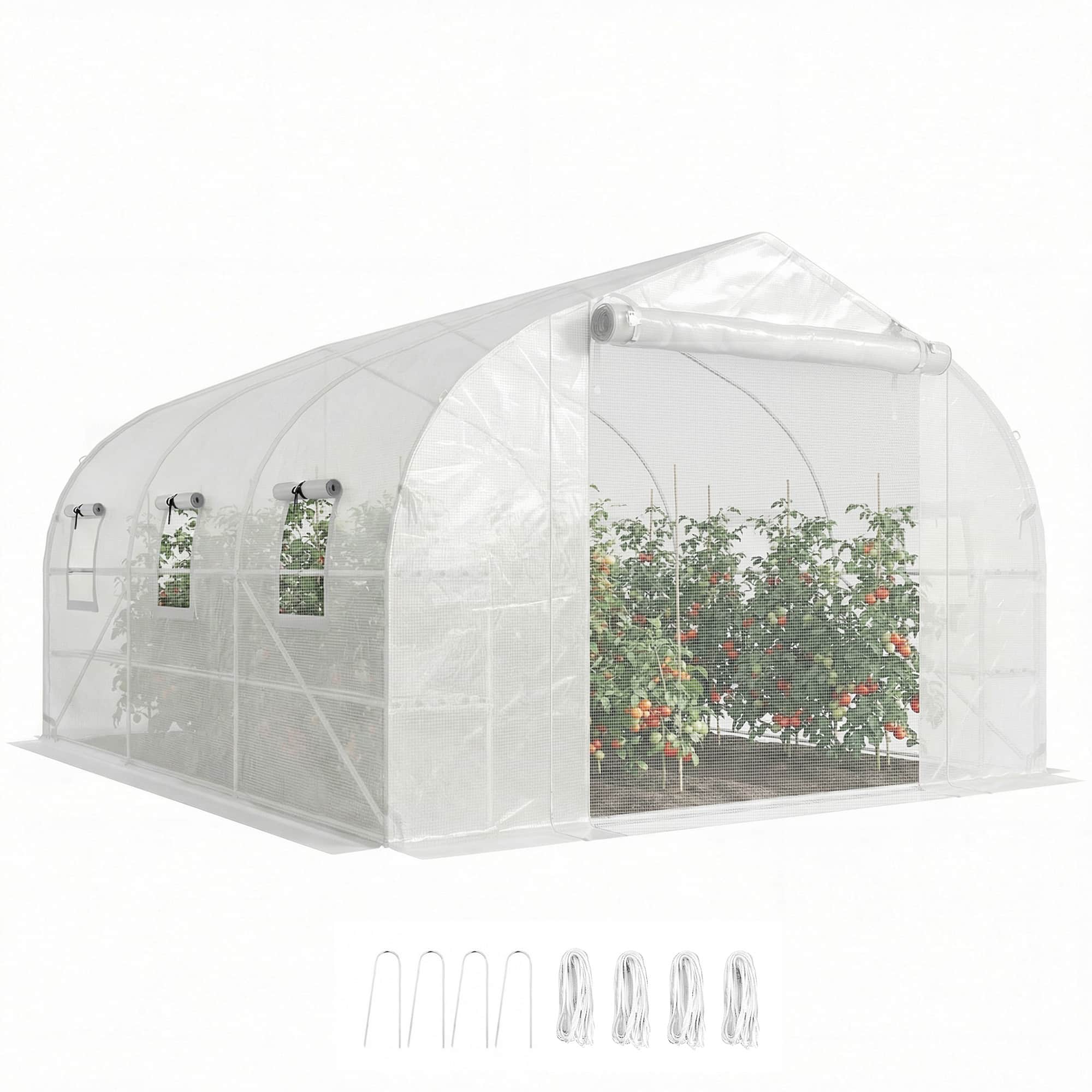 Outsunny - Walk-in Tunnel Greenhouse with Shelves, Mesh Door and Windows - White
