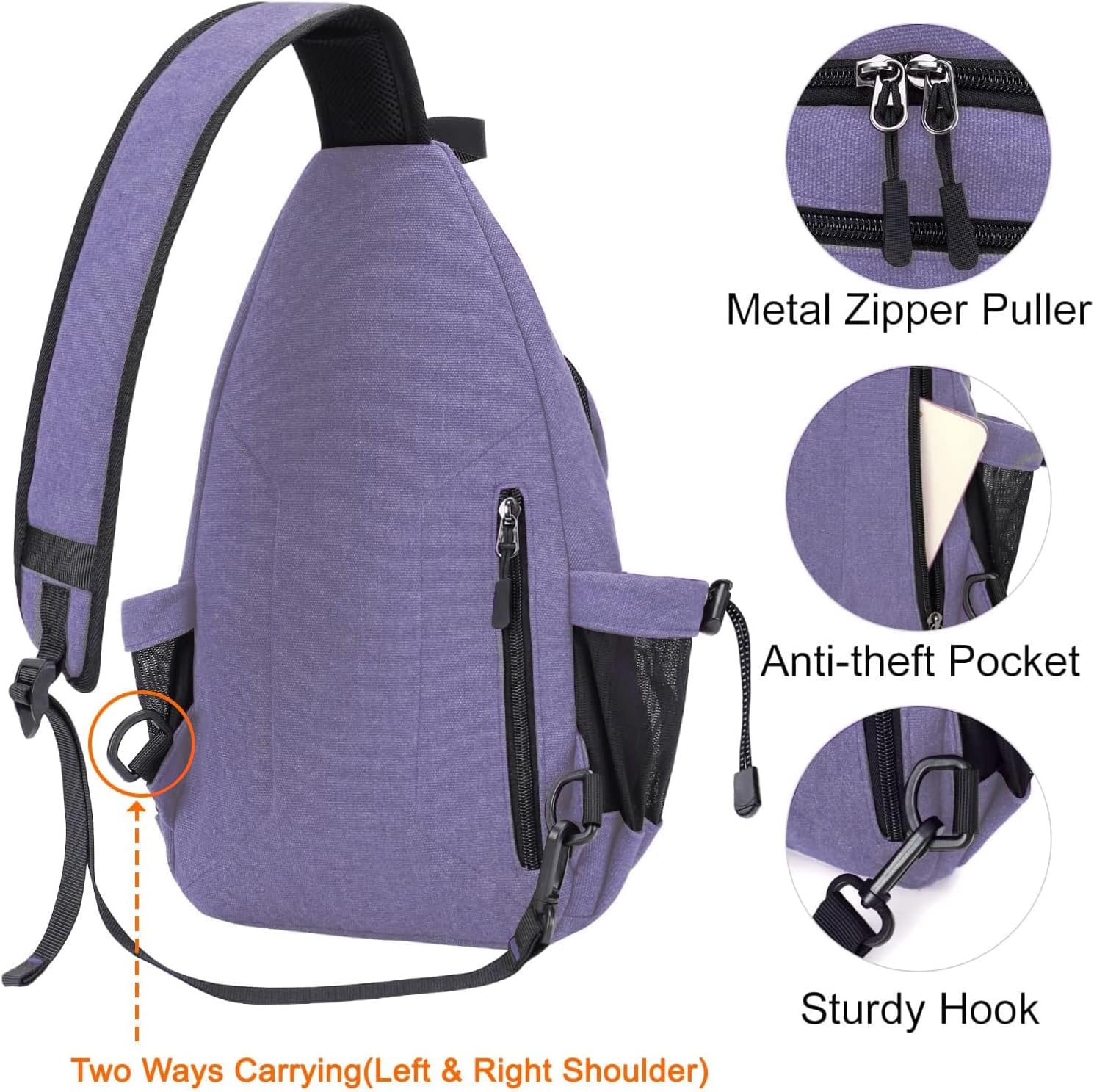 Metal Zipper Puller  
Anti-theft Pocket  
Two Ways Carrying (Left & Right Shoulder)  
Sturdy Hook