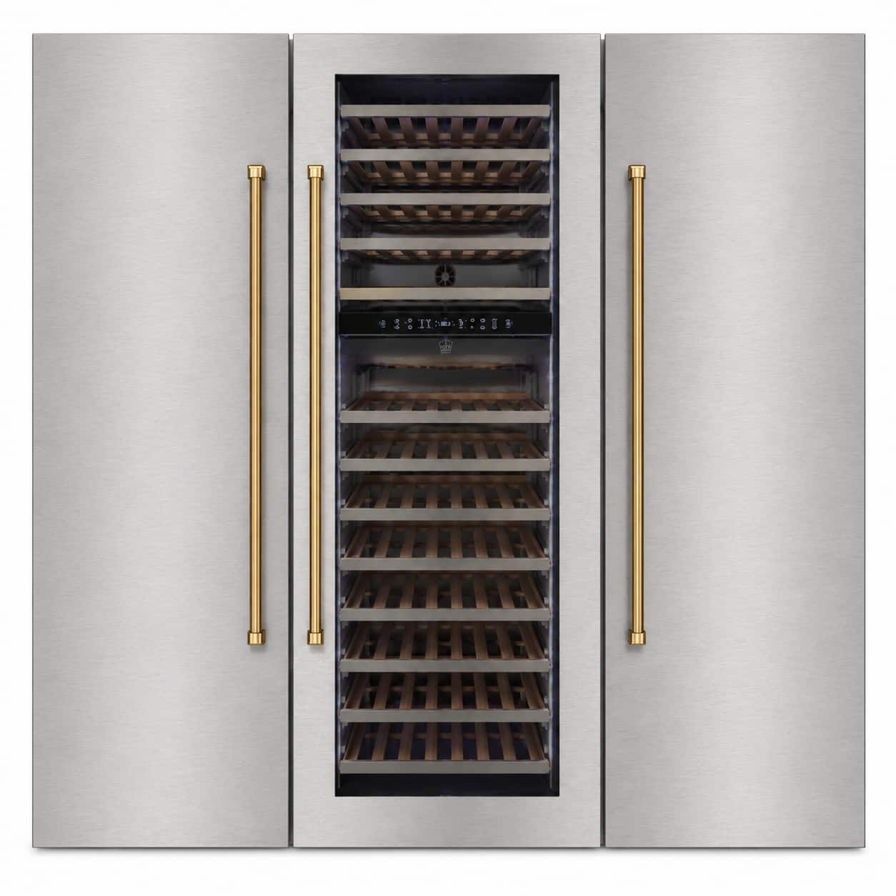 Kucht - 72 in Built-In Column Refrigeration Set: 30 in Refrigerator, 18 in Freezer & 24 in Wine Cooler with Gold Handles - Stainless Steel and Gold