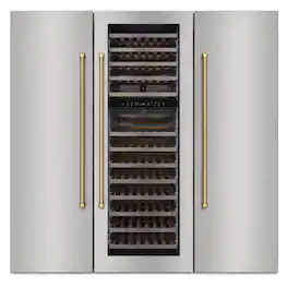 Kucht - 72 in Built-In Column Refrigeration Set: 30 in Refrigerator, 18 in Freezer & 24 in Wine Cooler with Gold Handles - Stainless Steel and Gold