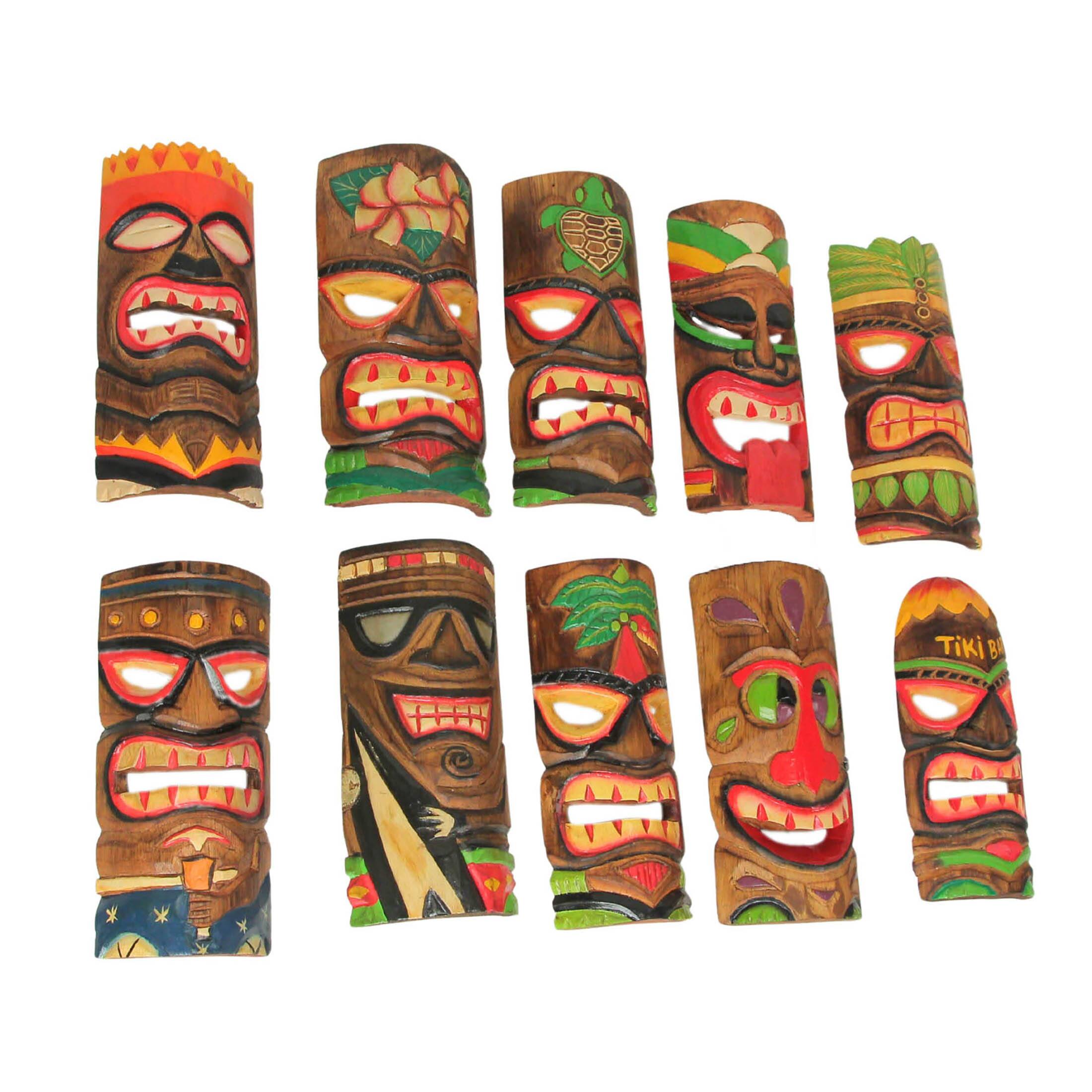 Alt View 1. Zeckos - Hand Carved Wood Art Polynesian Party Hawaiian Tiki Masks 10 Piece Set 10 Inch - Multicolored.