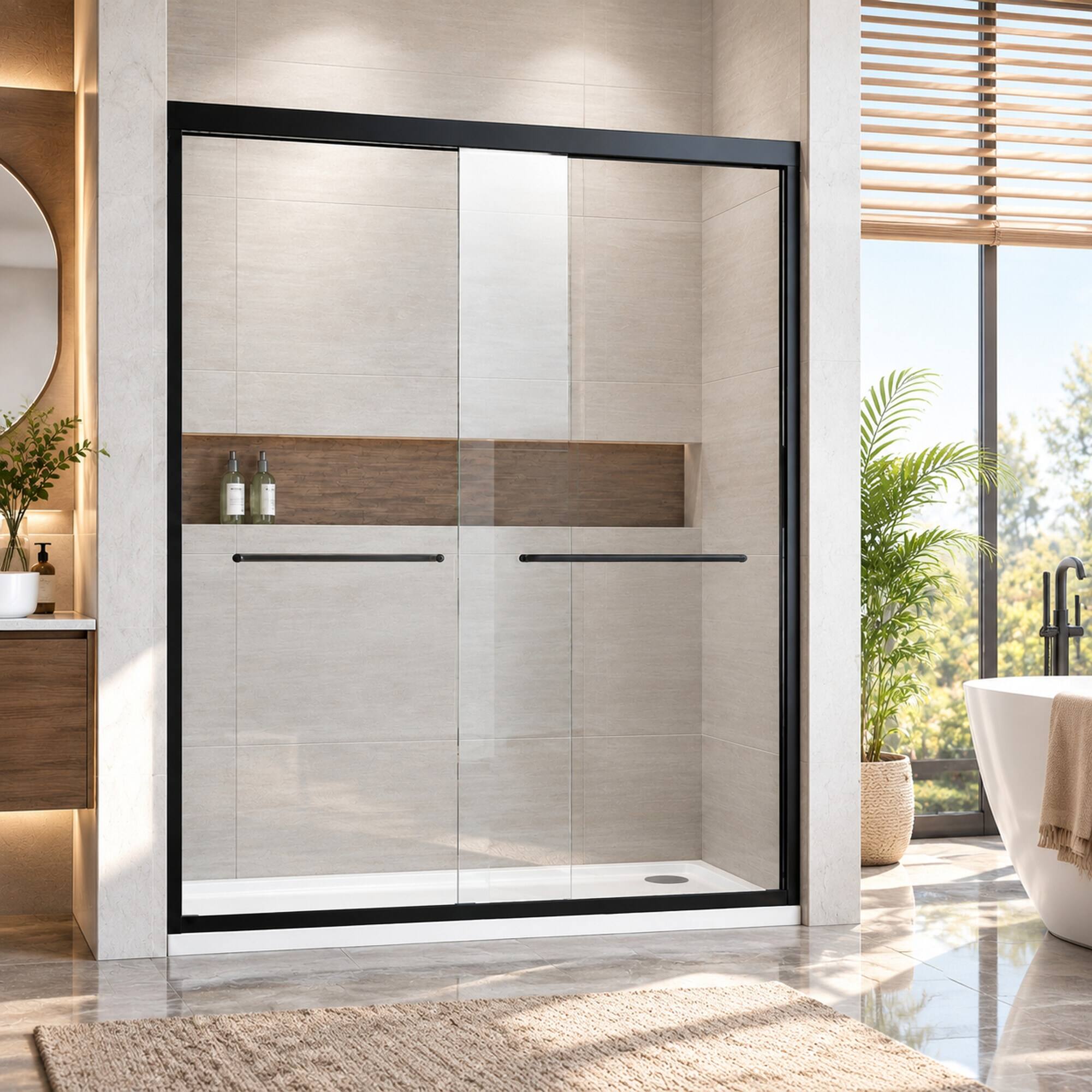 Front. RYHNUYNE - 44-48 In W X 72 In H Semi-Frameless Sliding Shower Door, Clear Tempered Glass With Stainless Steel Handles Black Finish - Matt Black.