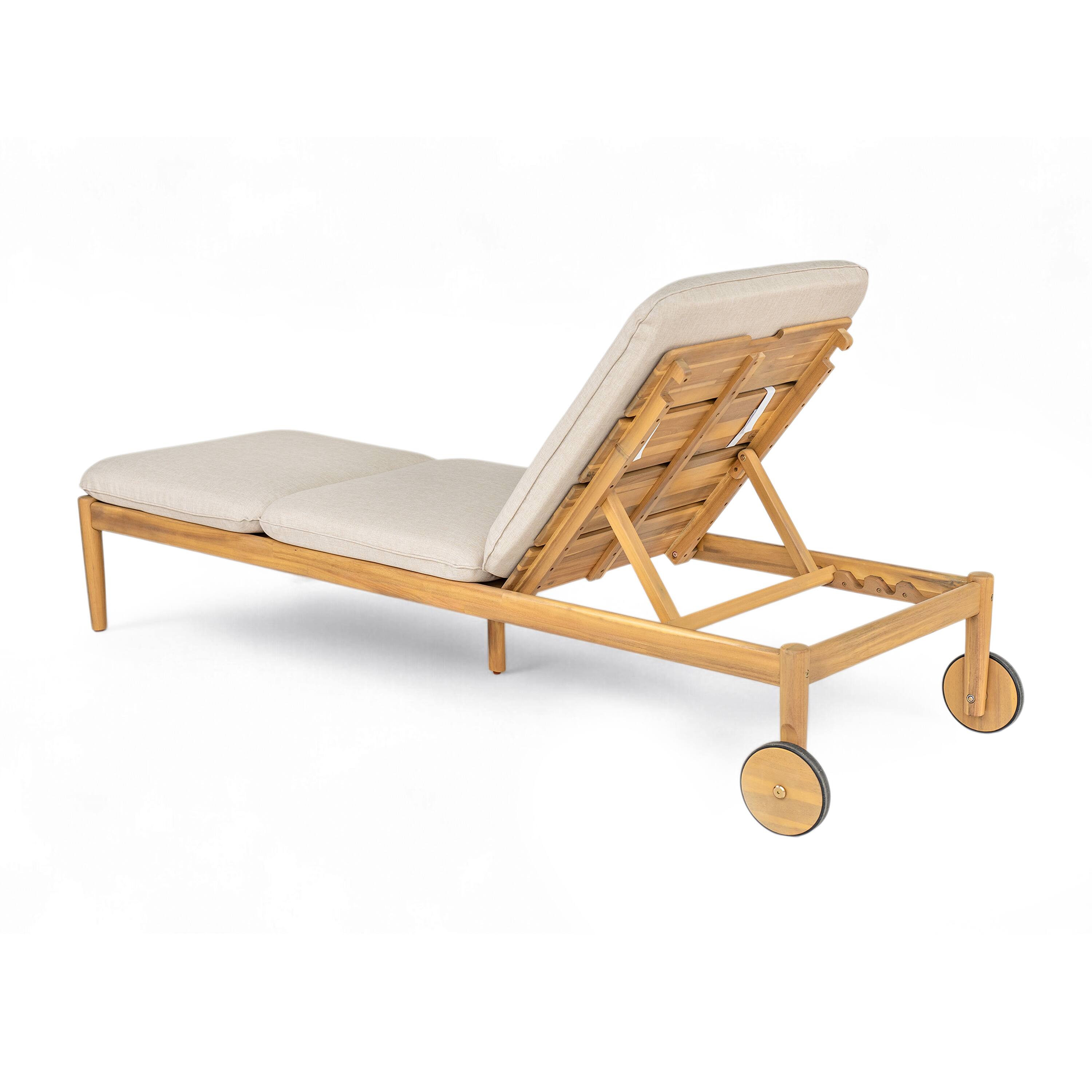 Alt View 1. Mondawe - Set of 2 Outdoor Acacia Wood Chaise Lounge with Wheels - Beige+Light Teak.