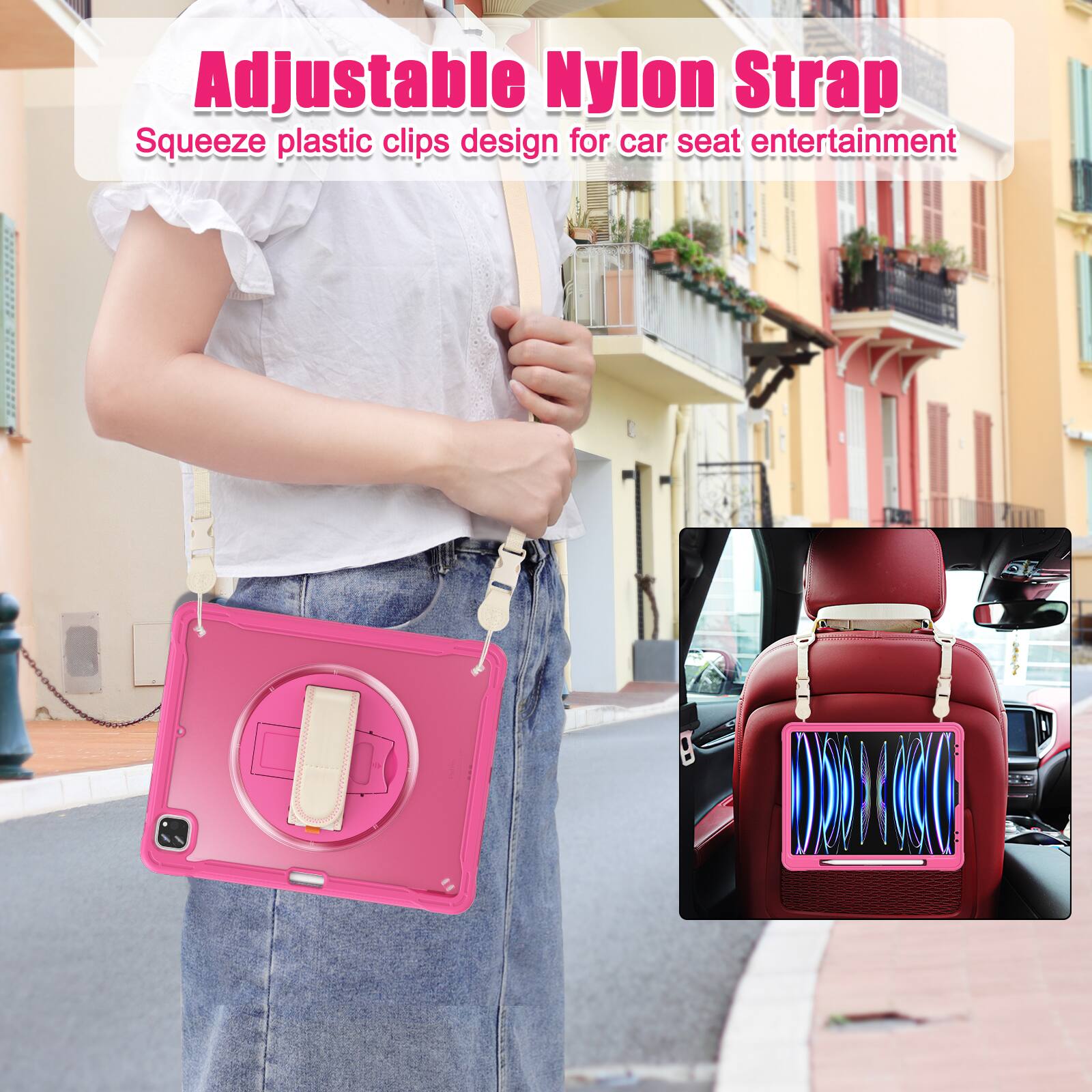 Adjustable Nylon Strap  
Squeeze plastic clips design for car seat entertainment
