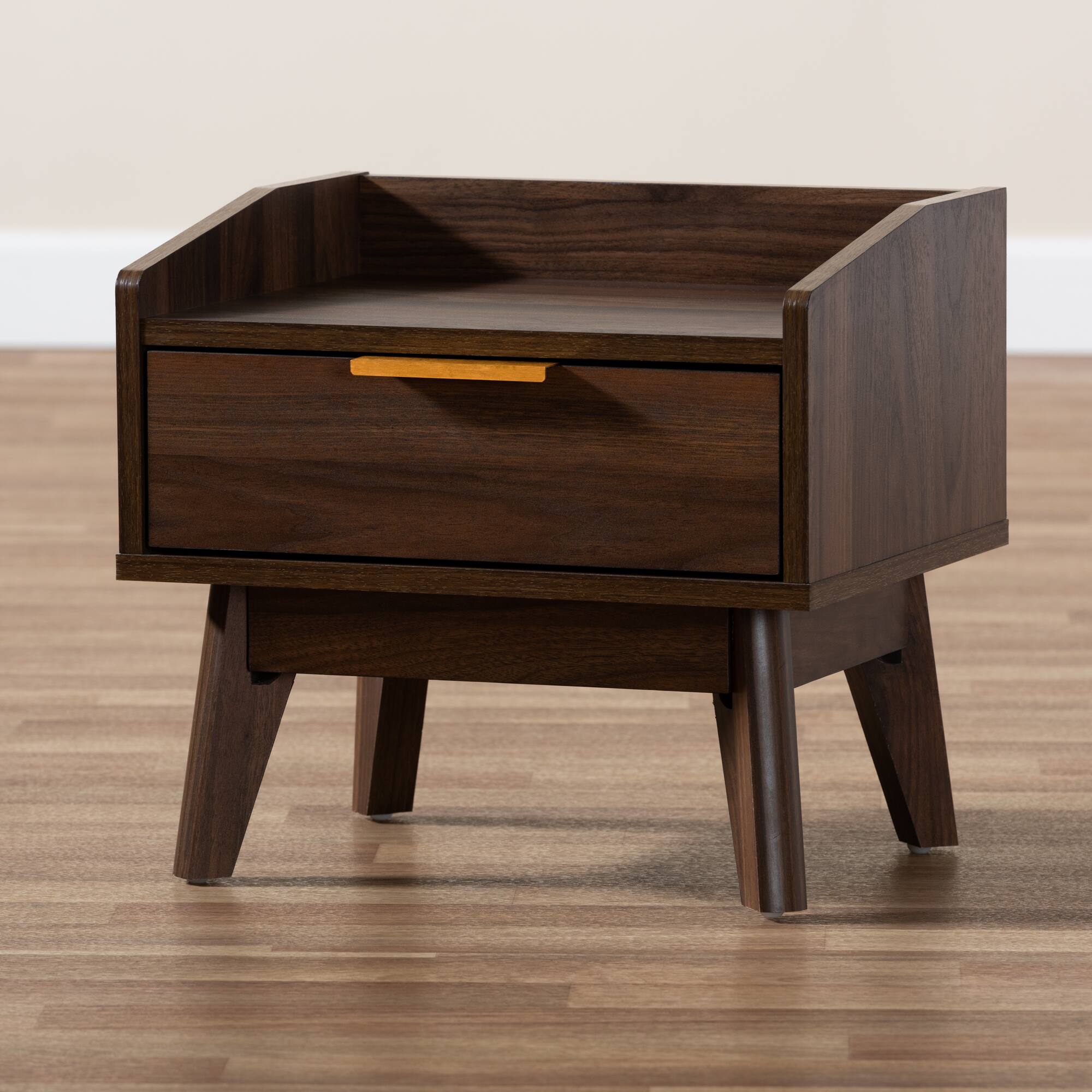 Alt View 4. Baxton Studio - Lena Mid-Century Modern Finished 1-Drawer Wood Nightstand - Walnut.