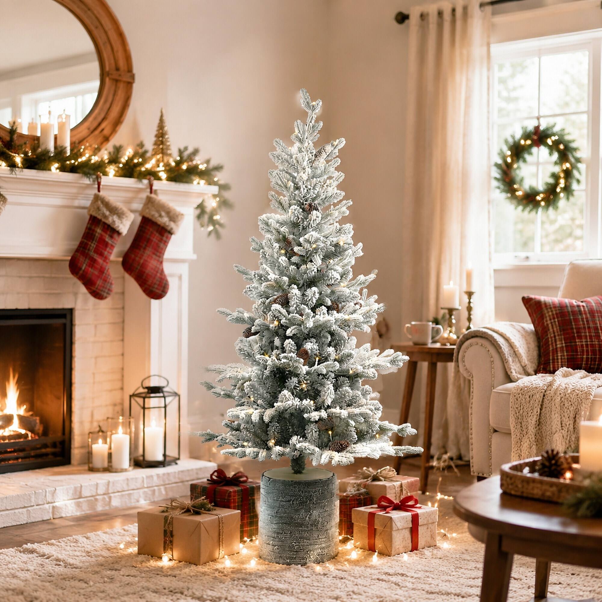 Angle. RYHNUYNE - 2FT Mini Flocked Pre-Lit Christmas Tree, 30 Warm White LED Lights 189 Tips PE+PVC 3 Pine Cones Pot Base Tabletop - White+Green.