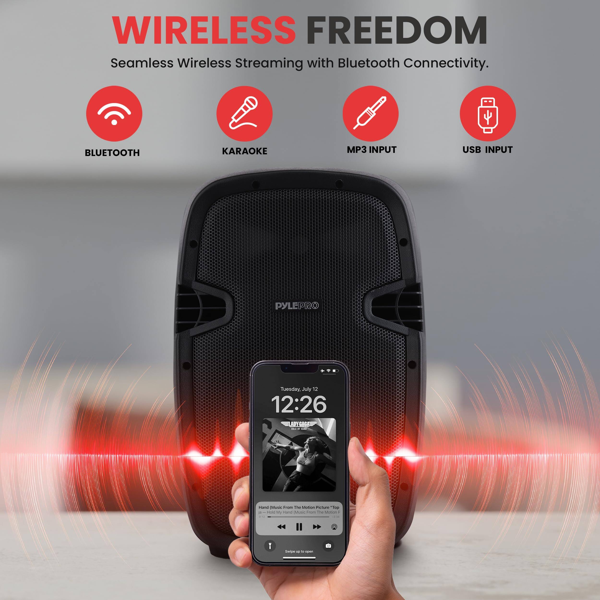 WIRELESS FREEDOM  
Seamless Wireless Streaming with Bluetooth Connectivity.  
BLUETOOTH  
KARAOKE  
MP3 INPUT  
USB INPUT  

PYLE PRO  

Tuesday July 12, 12:26  
LAPTBAGA - thand M T - M Panae - My - M - Mson C