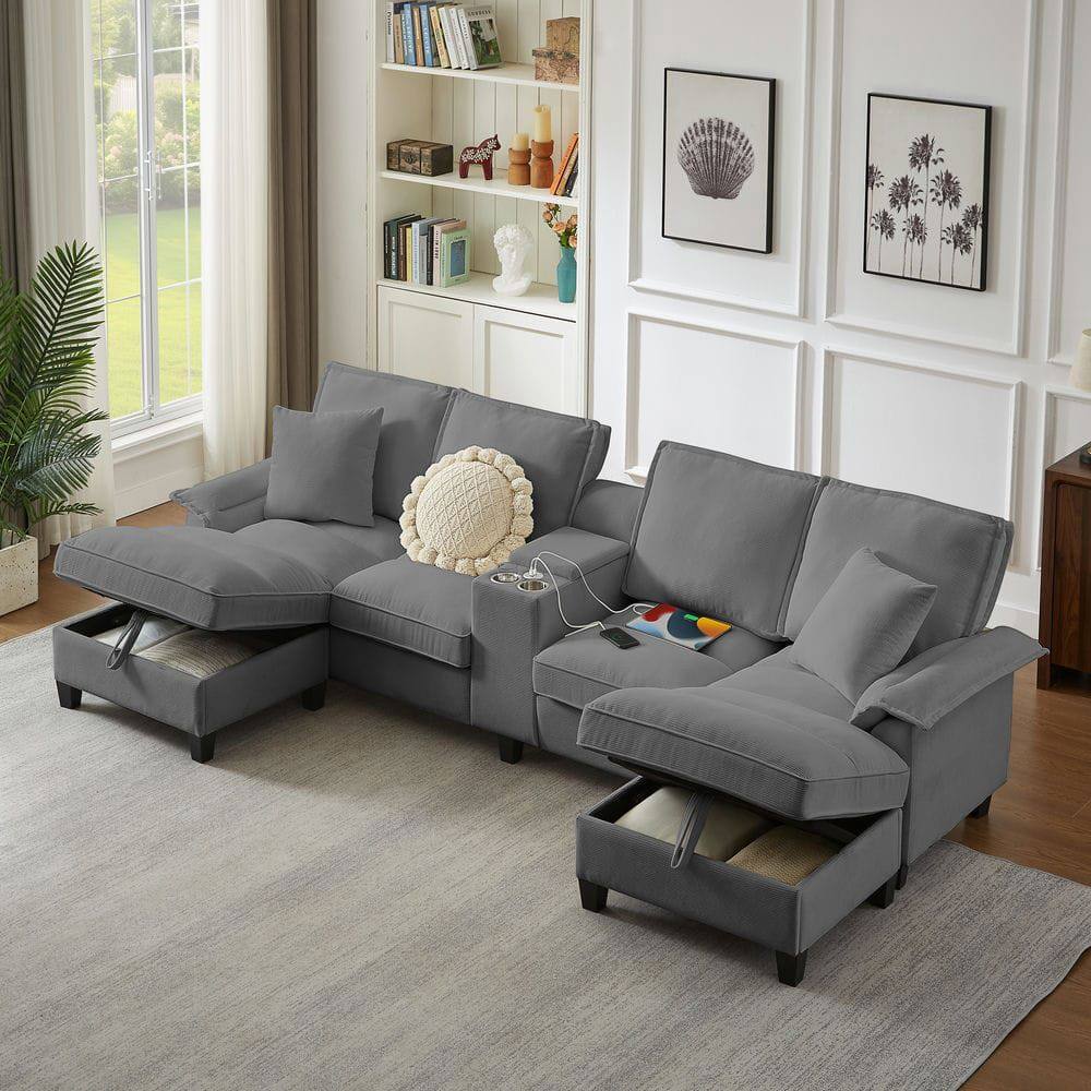 Alt View 10. Resenkos - 120" U-Shaped Sectional Sofa Bed, Corduroy 4-Seater with Storage and Cup Holders, Gray - Gray.