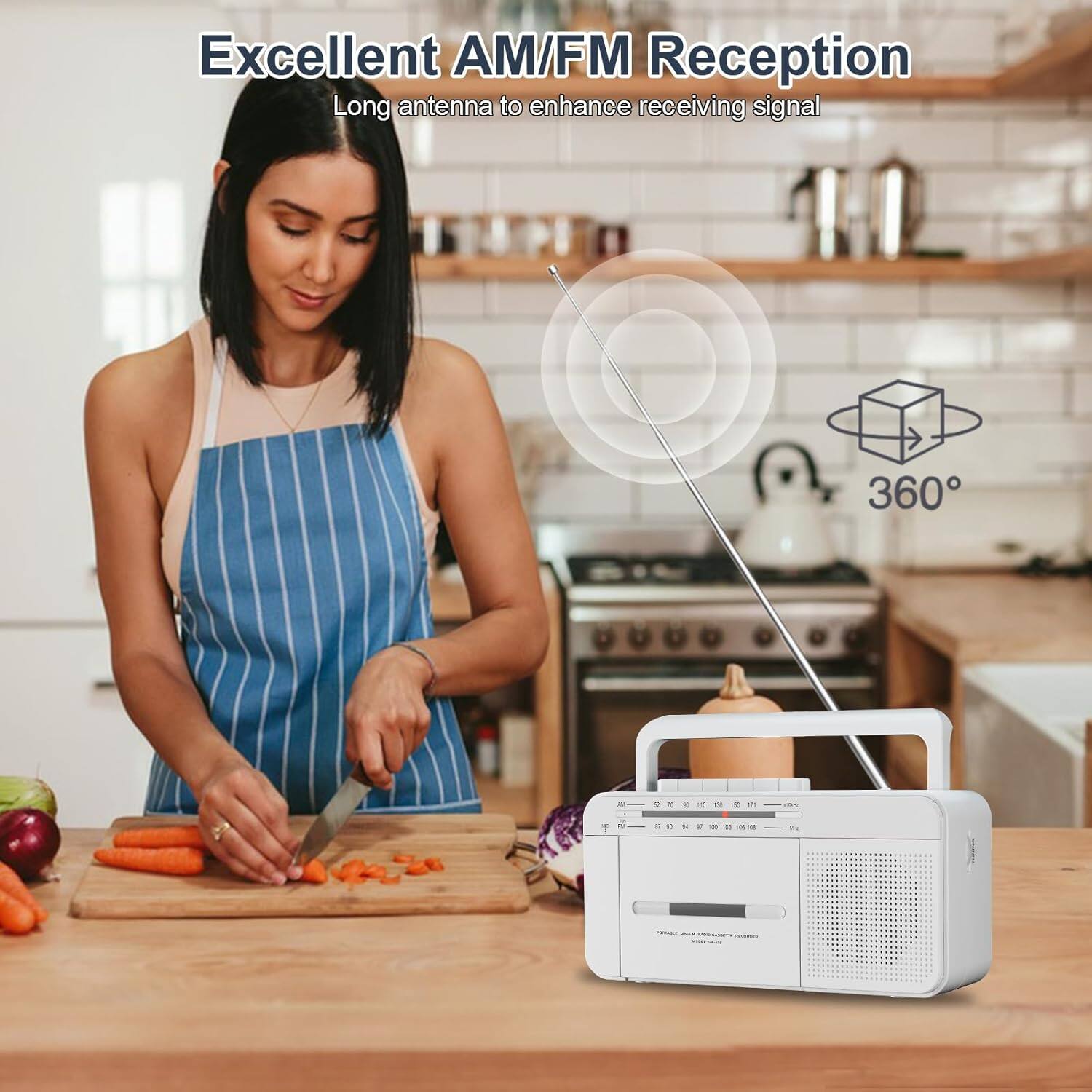 Excellent AM/FM Reception  
Long antenna to enhance receiving signal  
360°