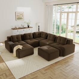 Anysun - V-Shape Corduroy 5-Seat Modular Sectional Sofa - Deep-Seat Couch with 2 Ottomans, Pearl Piping, Tufted, No Assembly - Brown