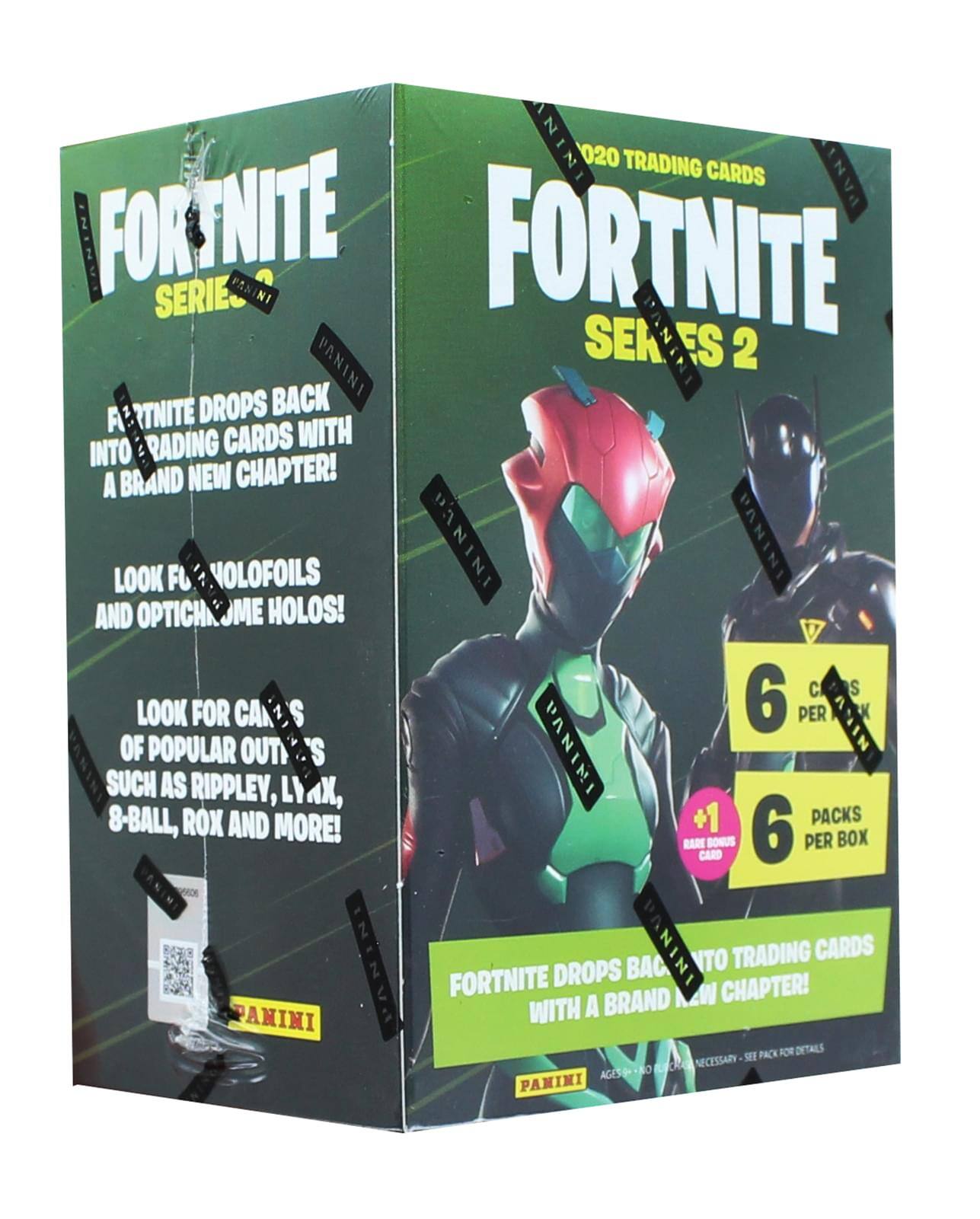 Sure, here is the corrected and grouped text from the image:

---

**FORTNITE SERIES 2**

**2020 TRADING CARDS**

**FORTNITE DROPS BACK INTO TRADING CARDS WITH A BRAND NEW CHAPTER!**

**LOOK FOR VIOLOFOILS AND OPTICHROME HOLOS!**

**LOOK FOR CARDS OF POPULAR OUTFITS SUCH AS RIPPLEY, LYAX, 8-BALL, ROX AND MORE!**

**6 CARDS PER PACK**

**6 PACKS PER BOX**

**+1 RARE BONUS CARD**

**FORTNITE DROPS BACK INTO TRADING CARDS WITH A BRAND NEW CHAPTER!**

**AGES 8+**

**NECESSARY - SEE PACK FOR DETAILS**

---

This text is organized to reflect the information presented on the box.