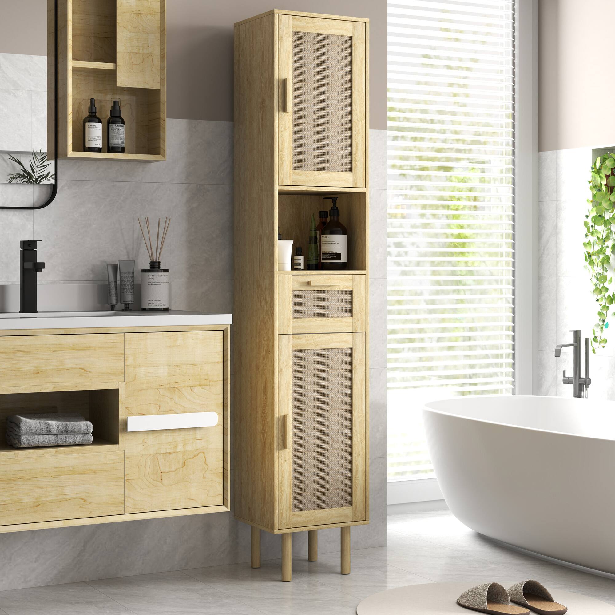 Alt View 1. Homcom - Tall Bathroom Storage Cabinet with Rattan Doors, Freestanding Bathroom Cabinet with Open Shelf, Drawer, Cabinets - Oak.