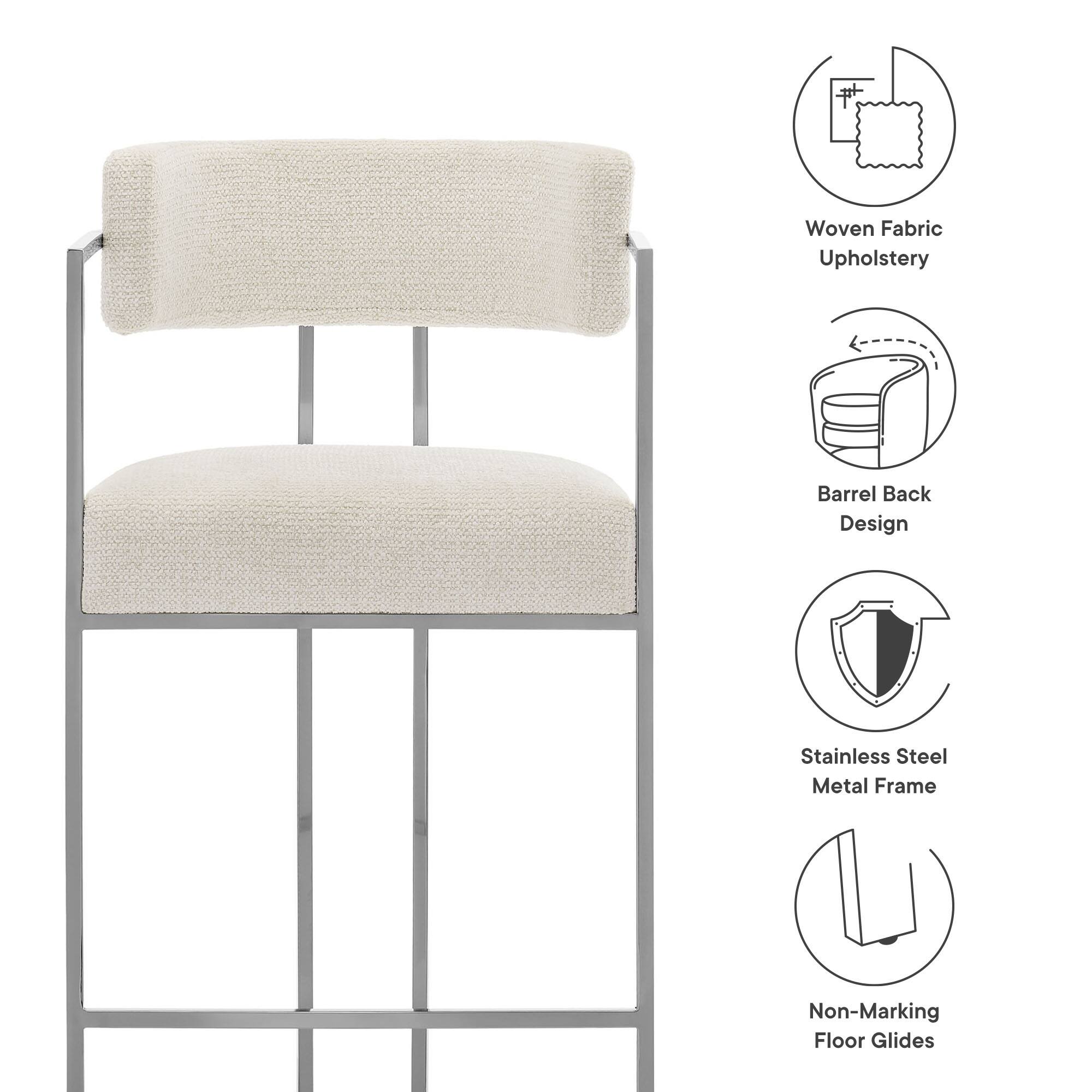 - Woven Fabric Upholstery
- Barrel Back Design
- Stainless Steel Metal Frame
- Non-Marking Floor Glides
