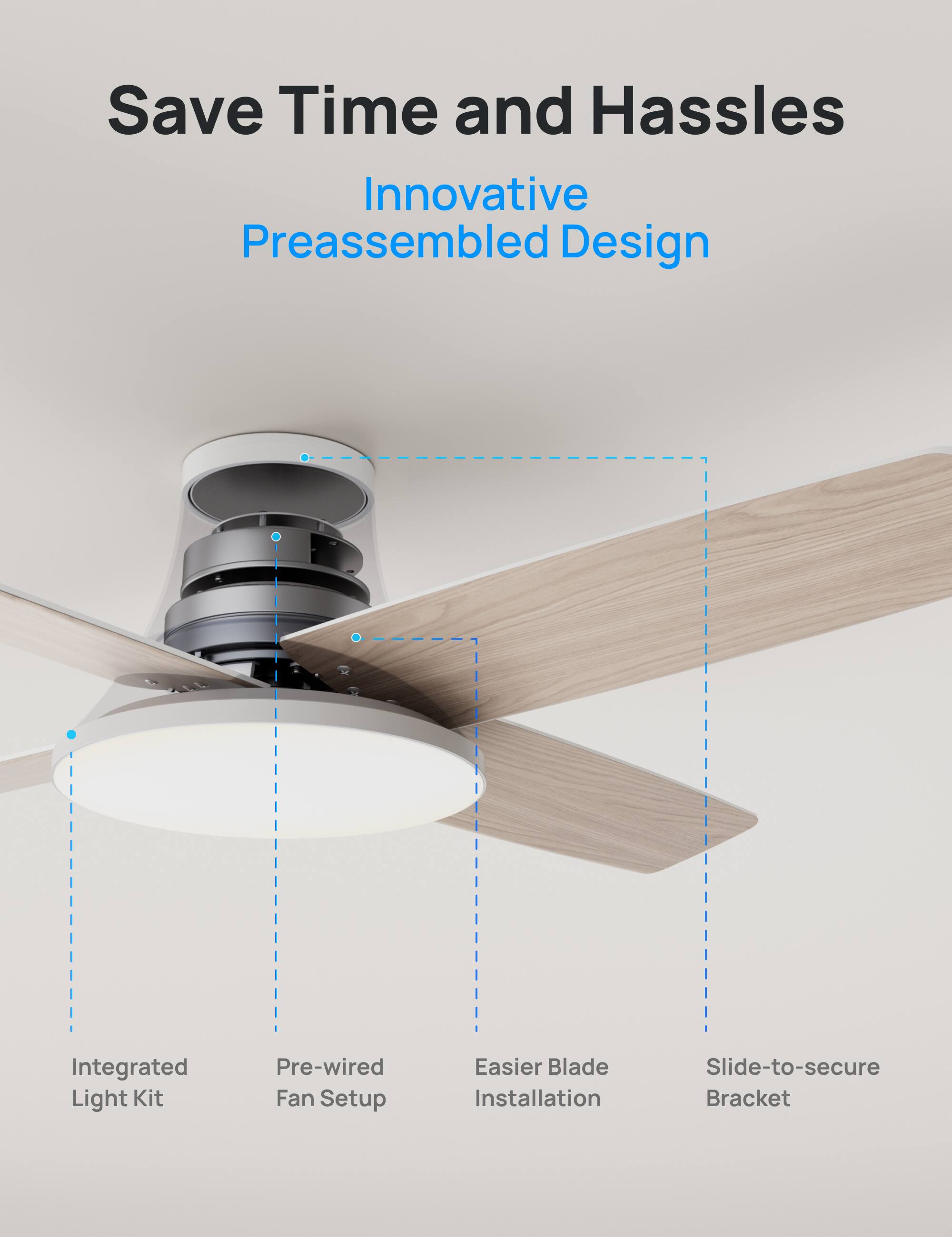 Save Time and Hassles  
Innovative Preassembled Design  
Integrated Light Kit  
Pre-wired Fan Setup  
Easier Blade Installation  
Slide-to-secure Bracket