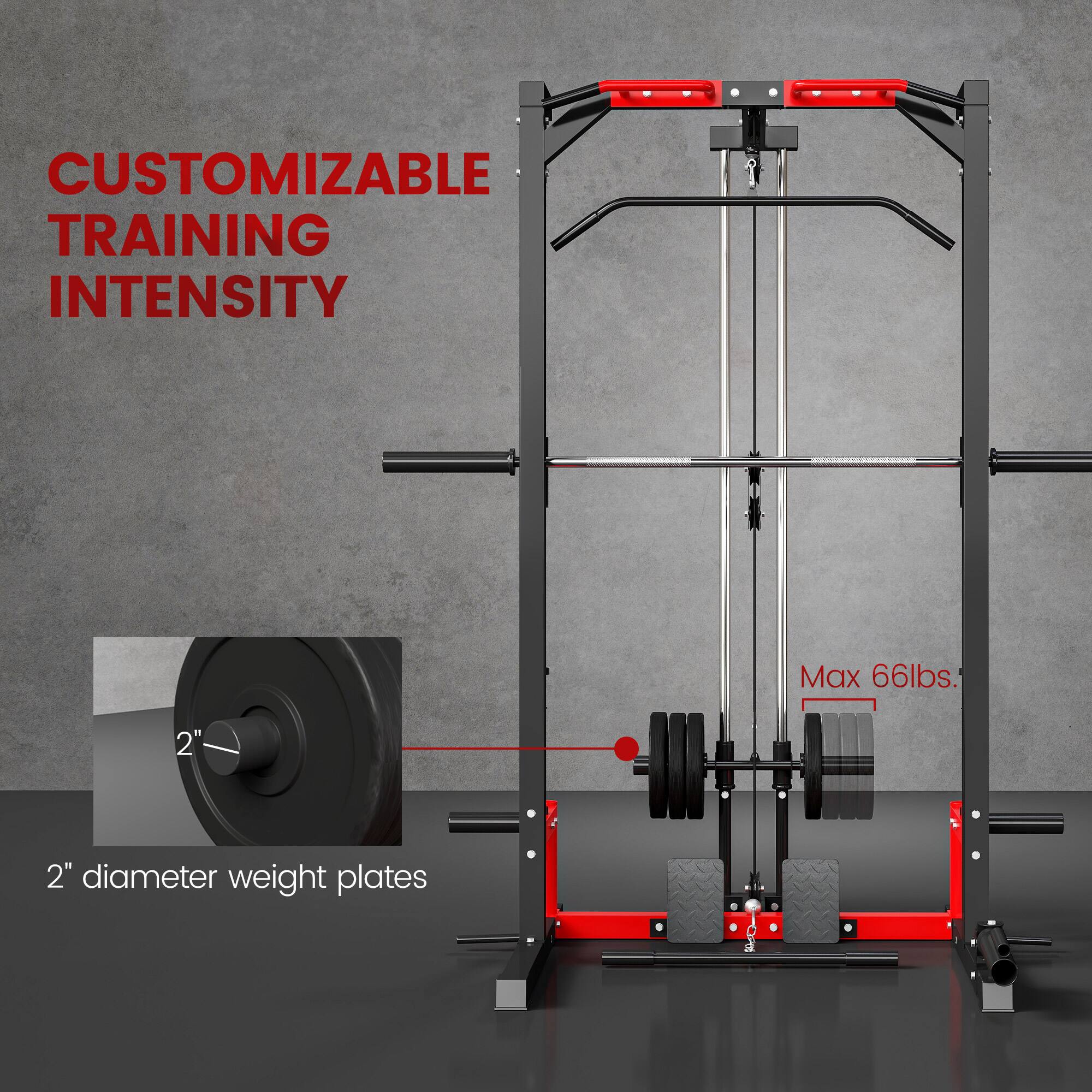 CUSTOMIZABLE TRAINING INTENSITY, Max 66lbs, 2" diameter weight plates