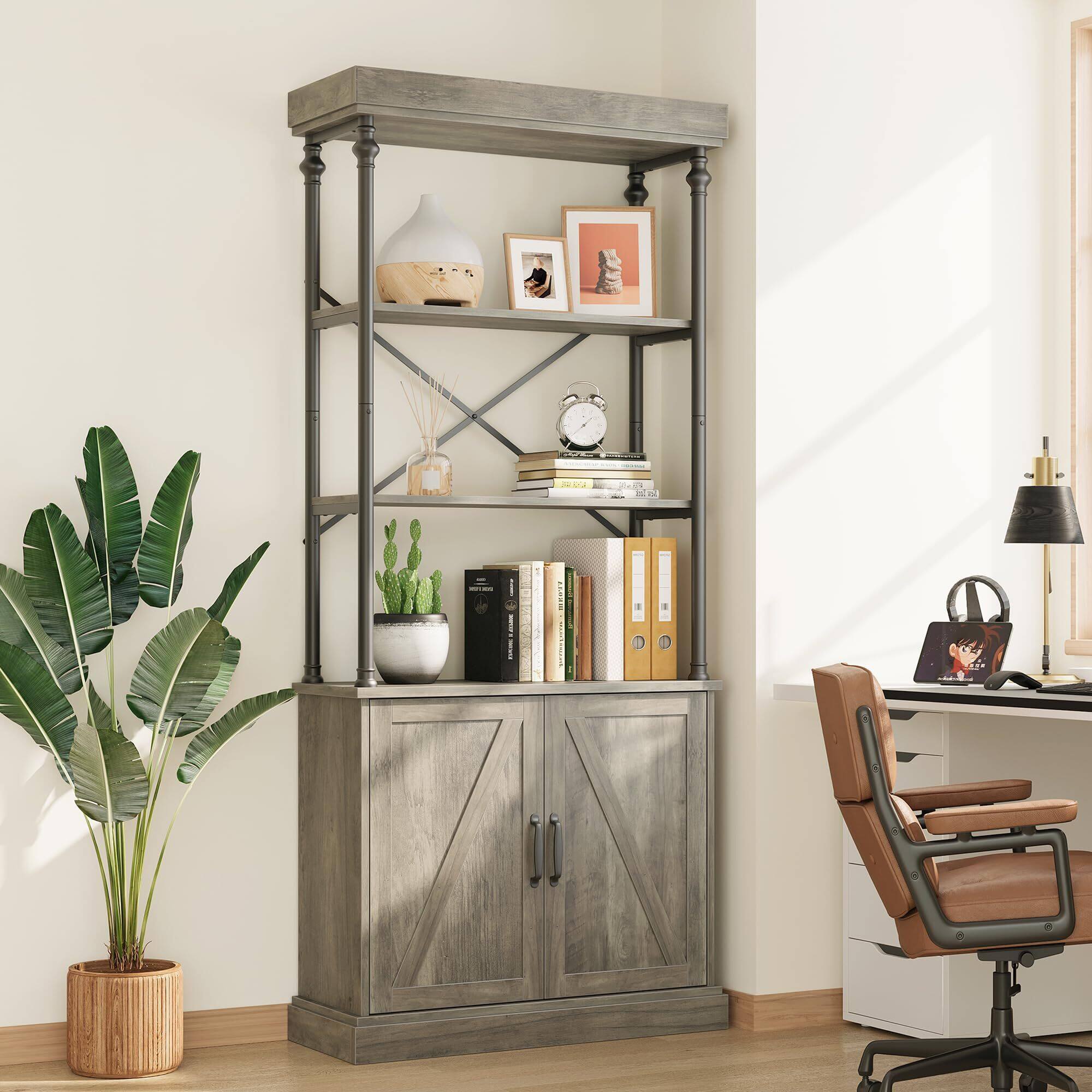 Alt View 3. Acekool - Tall Bookshelf with Doors 73.62in Industrial Storage Open Rack Shelf with Cabinet Wood - Grey.