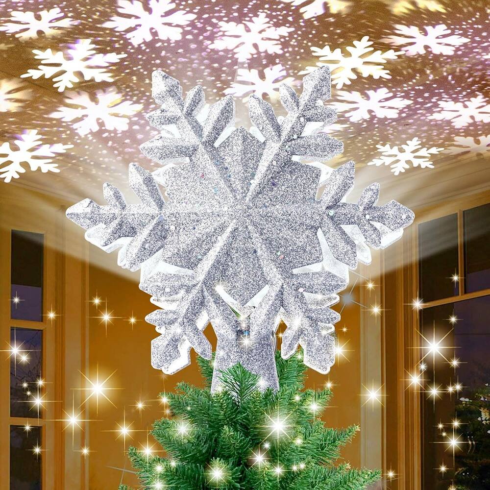 Front. PARKER SLATER - Silver Snowflake Tree Topper – Lighted, LED Rotating Projector - Silver.