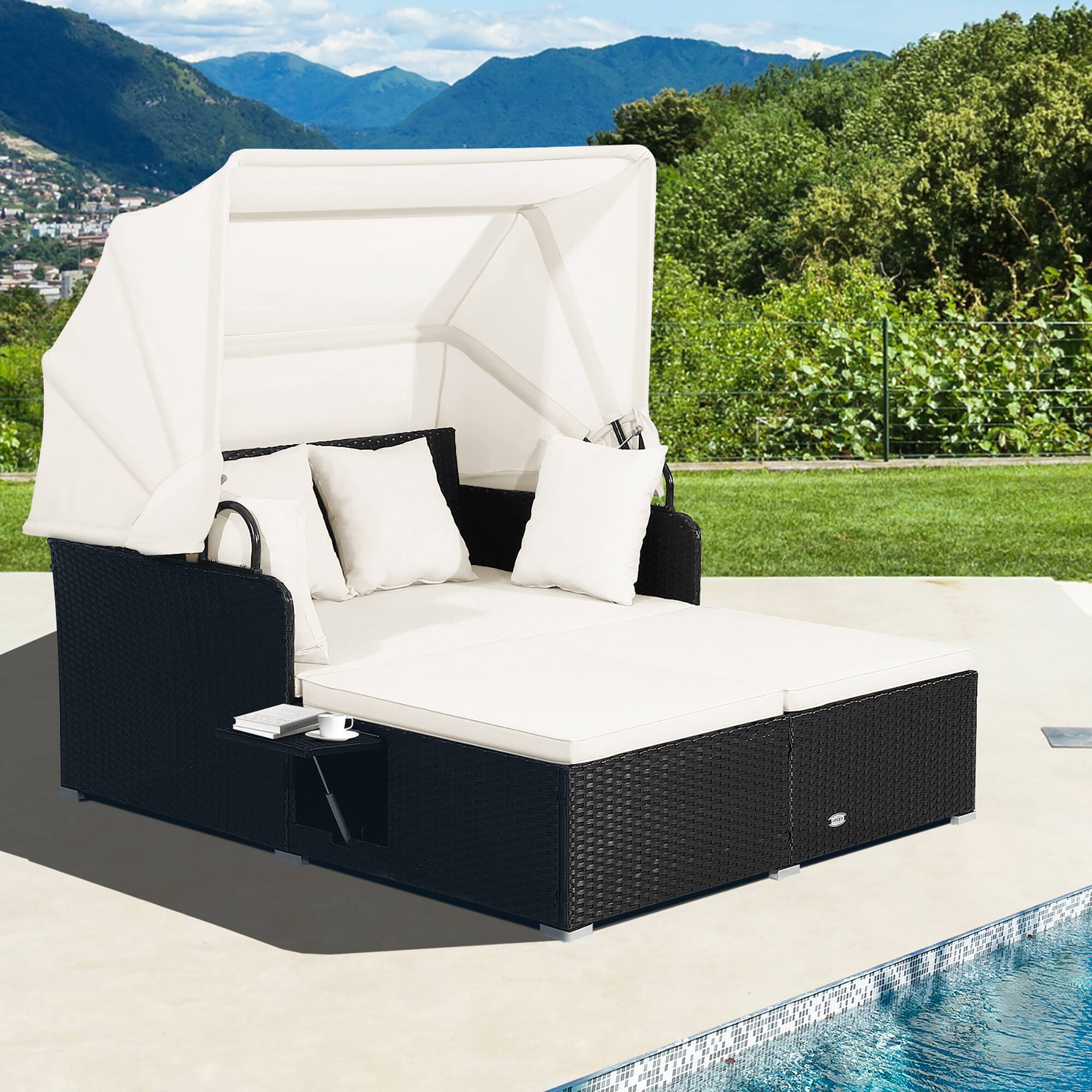 Alt View 1. Costway - Patio Rattan Daybed Lounge Retractable Top Canopy Side Tables Cushions - Off White.